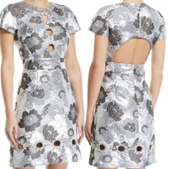 Michael Kors Collection Silver Metallic Brocade Crystal Jeweled Keyhole Dress