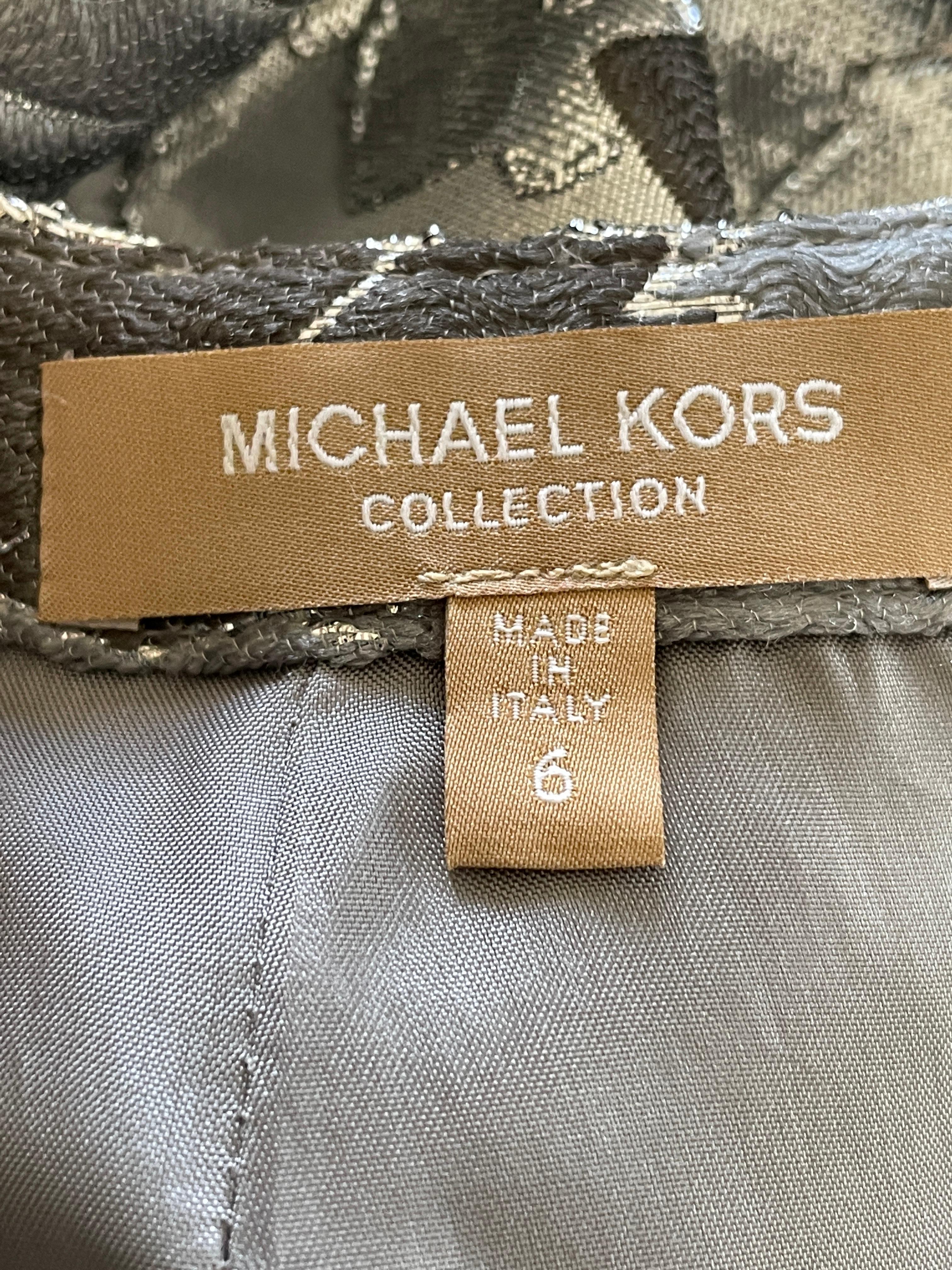 Michael Kors Collection Silver Metallic Brocade Crystal Jeweled Keyhole Dress For Sale 2