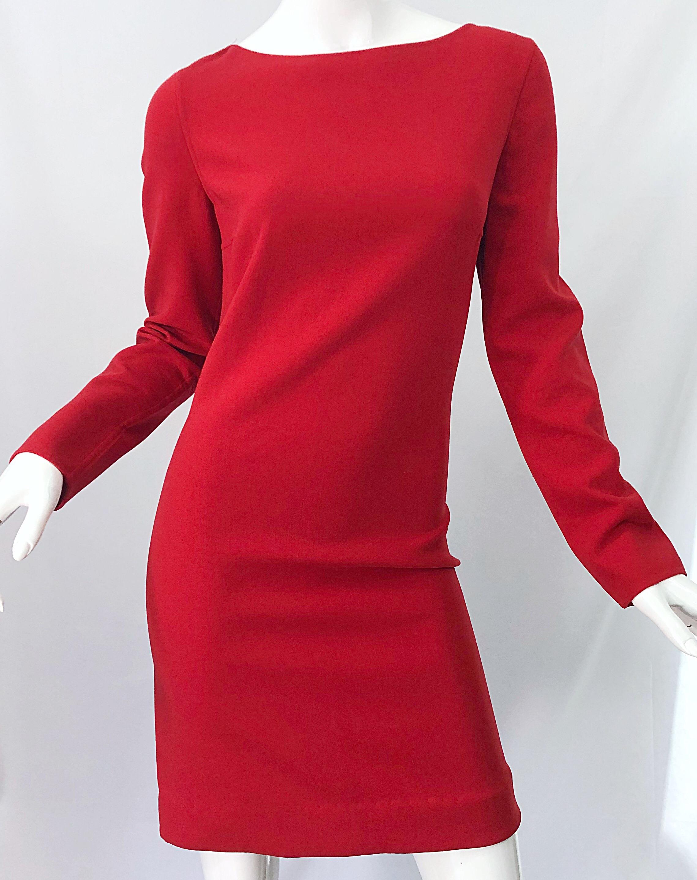 Michael Kors Collection Size 10 Early 2000s Lipstick Red Long Sleeve Dress For Sale 4