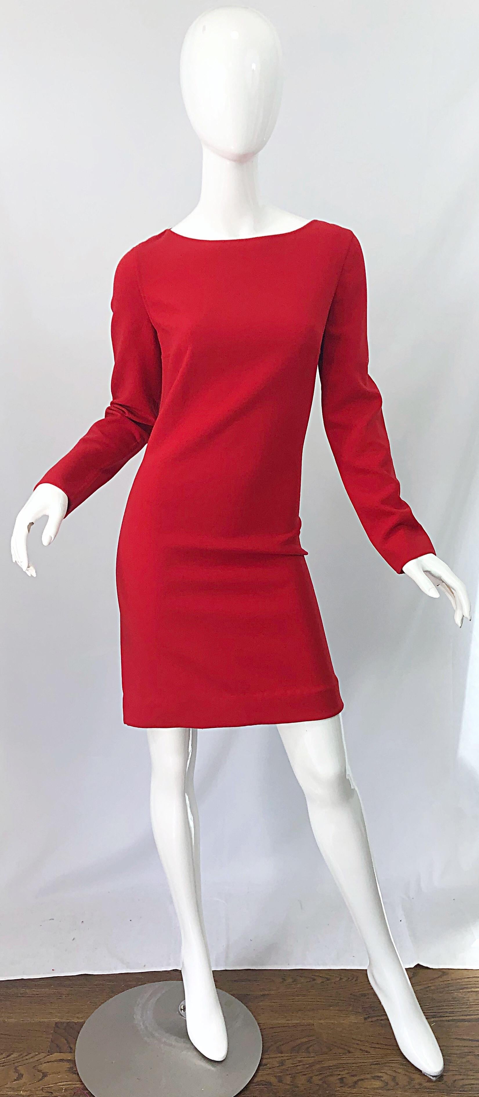 Michael Kors Collection Size 10 Early 2000s Lipstick Red Long Sleeve Dress For Sale 6