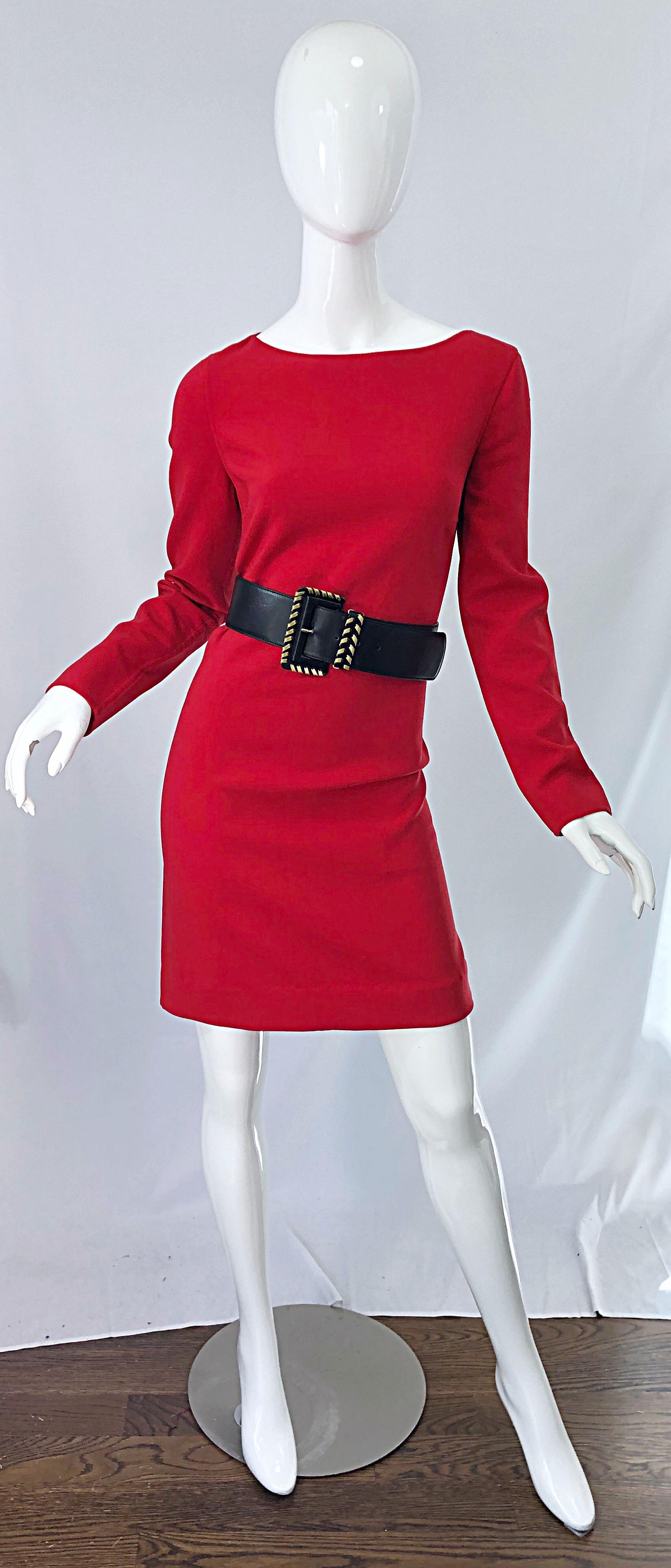 Michael Kors Collection Size 10 Early 2000s Lipstick Red Long Sleeve Dress For Sale 1
