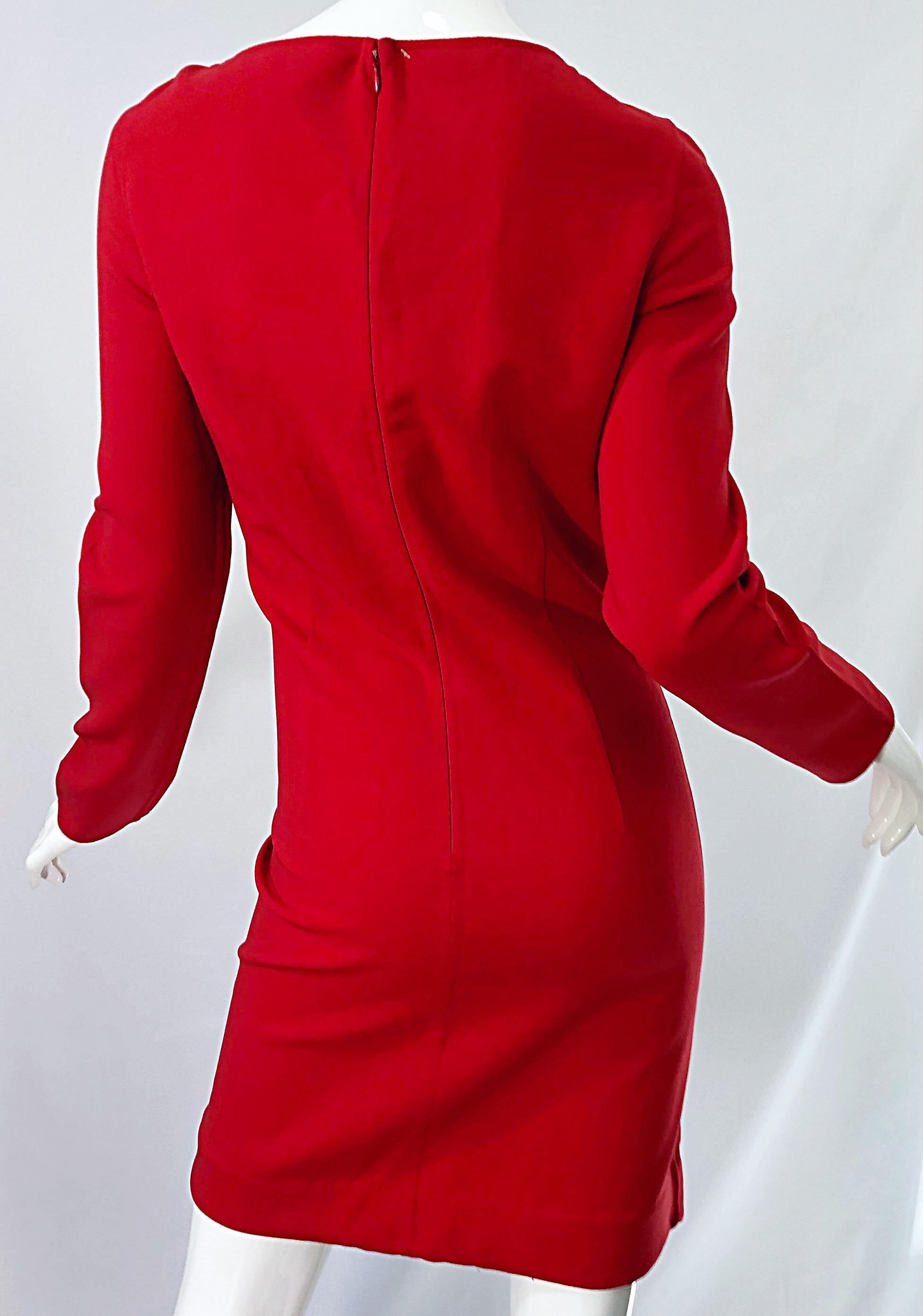 Michael Kors Collection Size 10 Early 2000s Lipstick Red Long Sleeve Dress For Sale 2