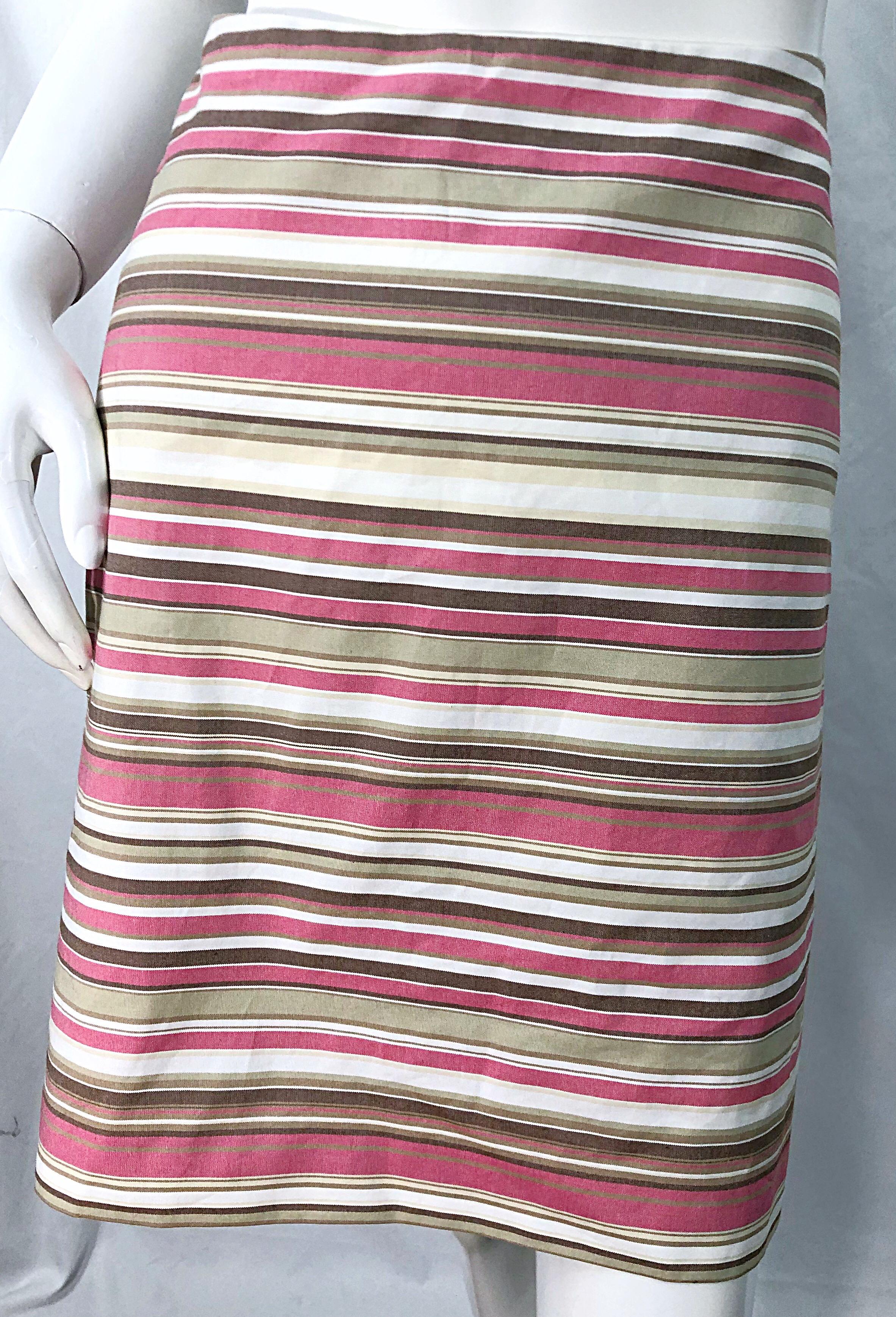 Michael Kors Collection Size 12 Pink + Brown + Tan 2000s Cotton Striped Skirt For Sale 6