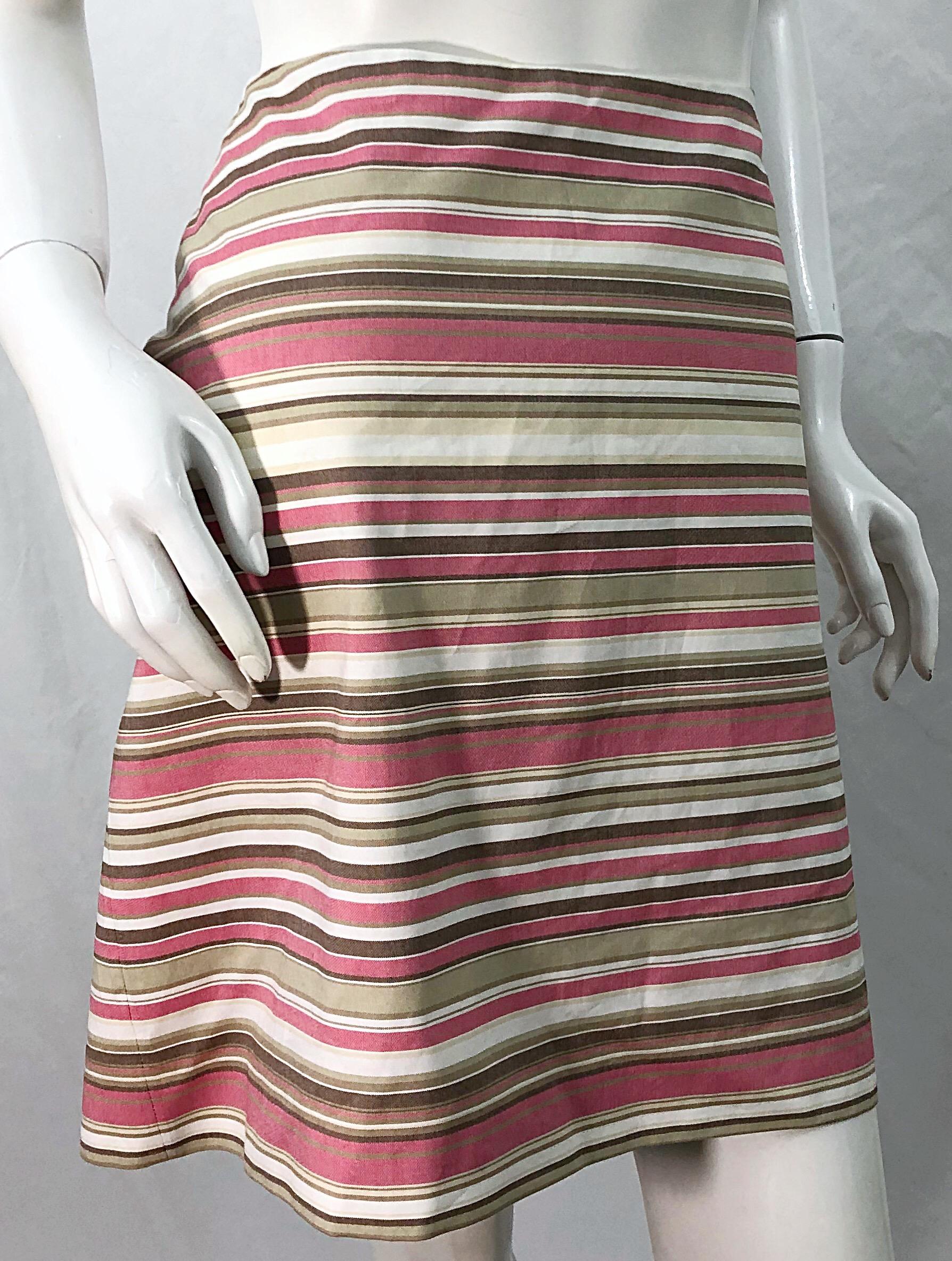 Michael Kors Collection Size 12 Pink + Brown + Tan 2000s Cotton Striped Skirt For Sale 7