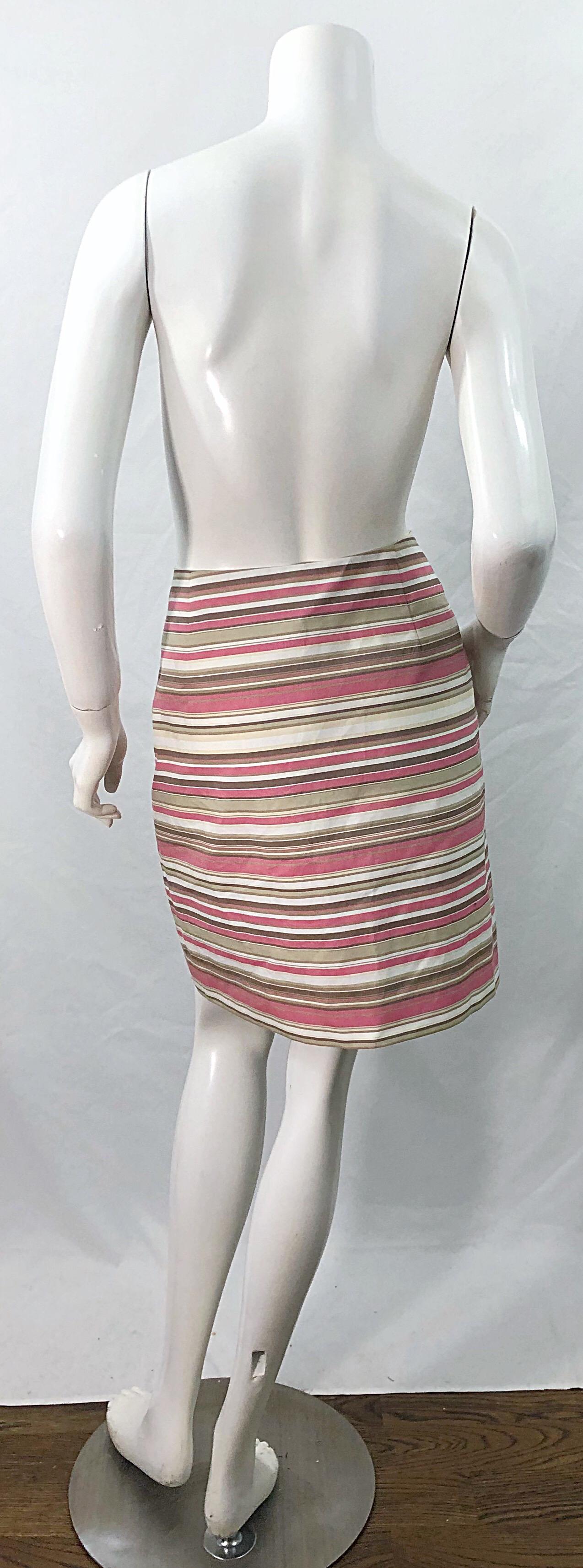 Michael Kors Collection Size 12 Pink + Brown + Tan 2000s Cotton Striped Skirt For Sale 8