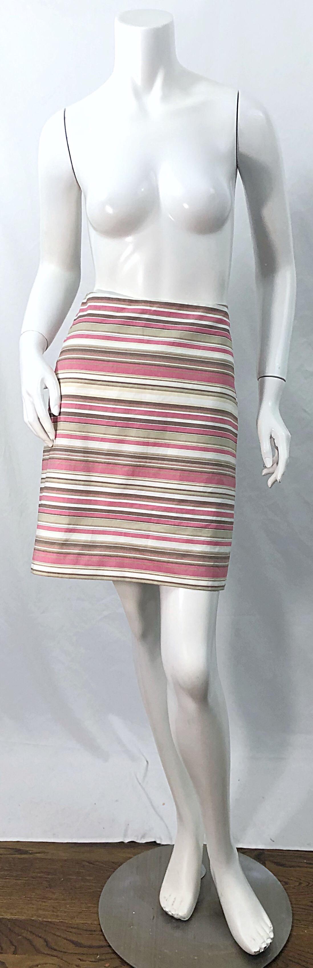 Michael Kors Collection Size 12 Pink + Brown + Tan 2000s Cotton Striped Skirt For Sale 9