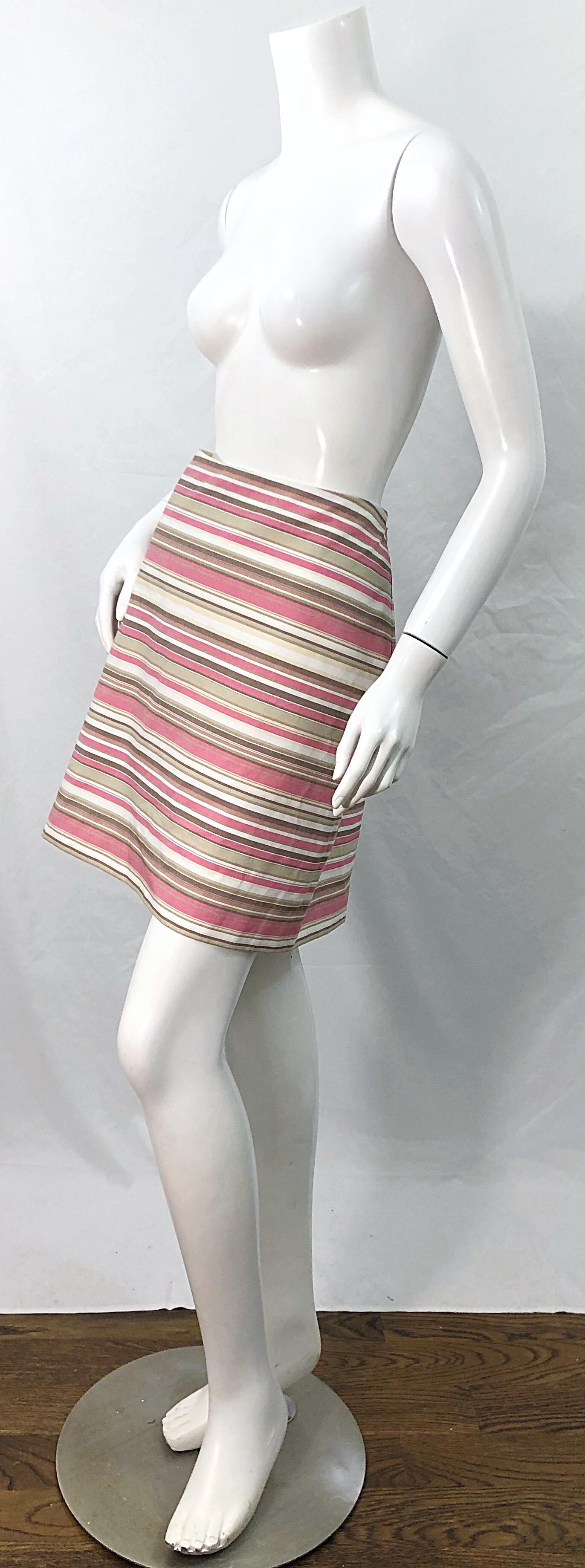 Women's Michael Kors Collection Size 12 Pink + Brown + Tan 2000s Cotton Striped Skirt For Sale