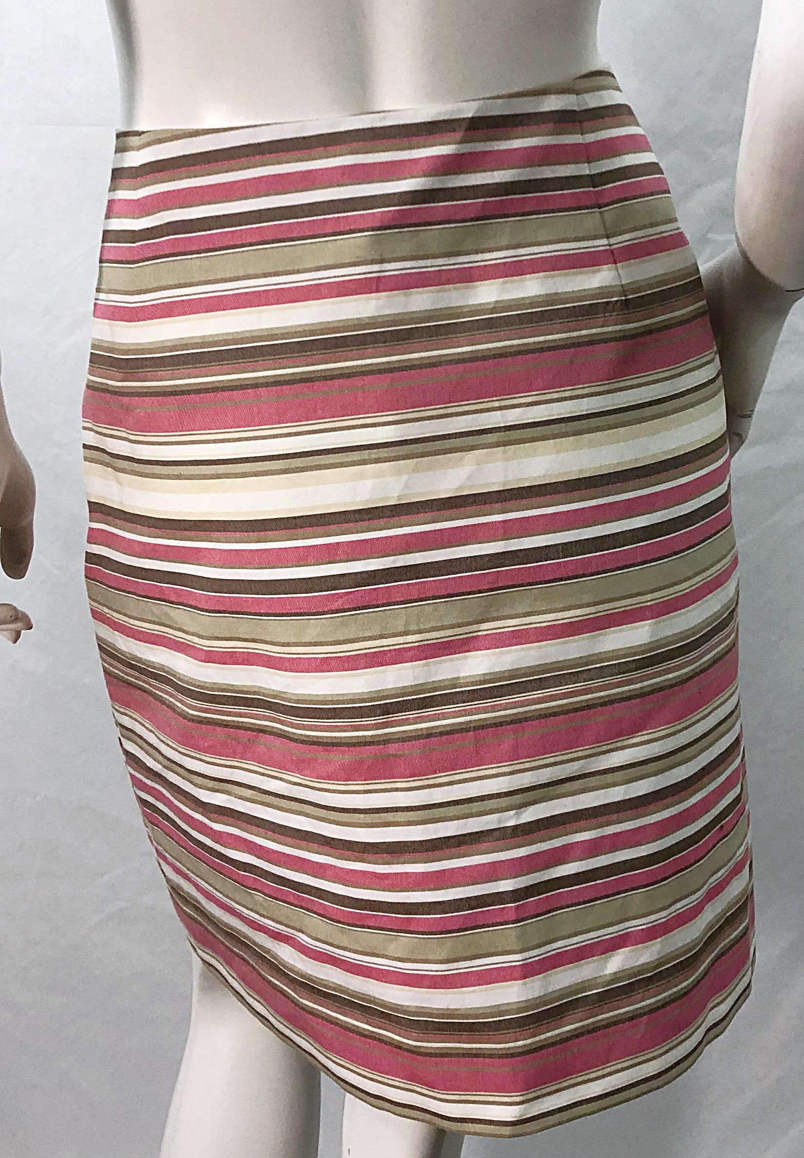 Michael Kors Collection Size 12 Pink + Brown + Tan 2000s Cotton Striped Skirt For Sale 1