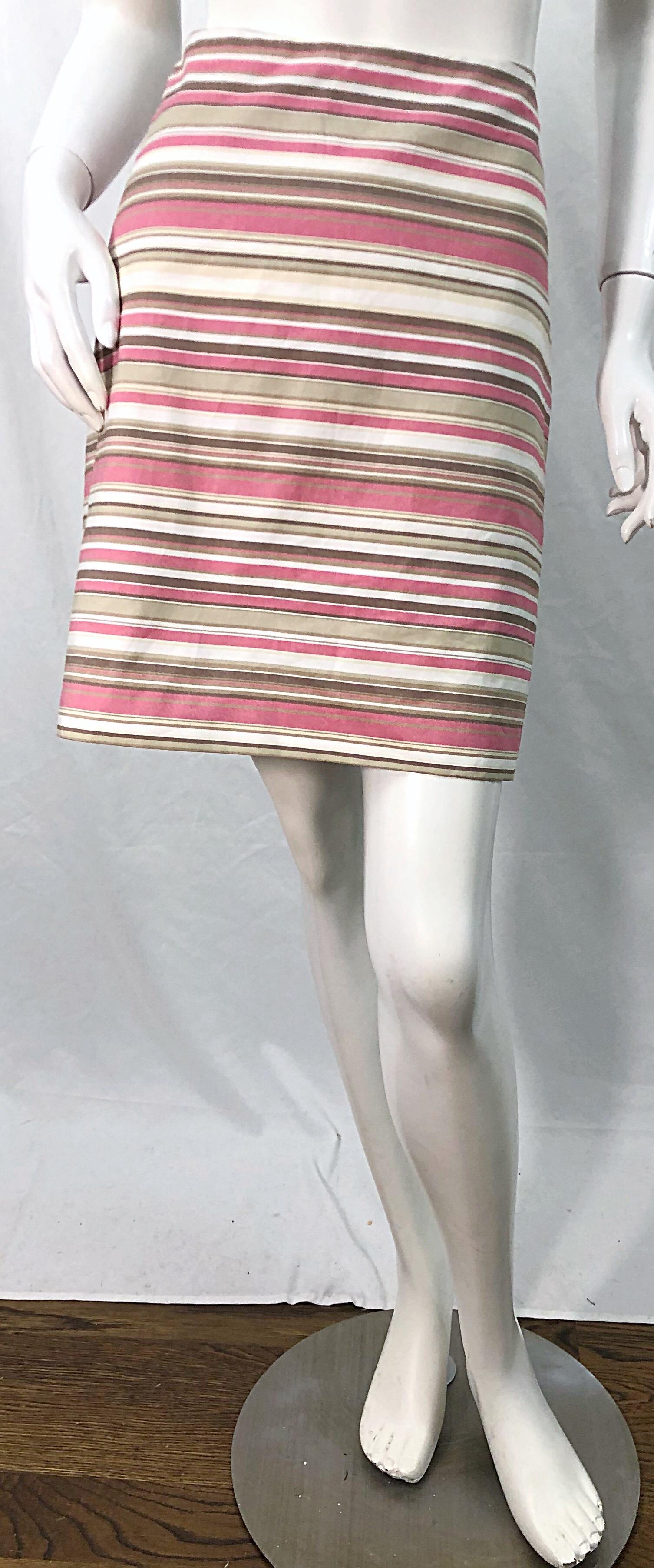 Michael Kors Collection Size 12 Pink + Brown + Tan 2000s Cotton Striped Skirt For Sale 2