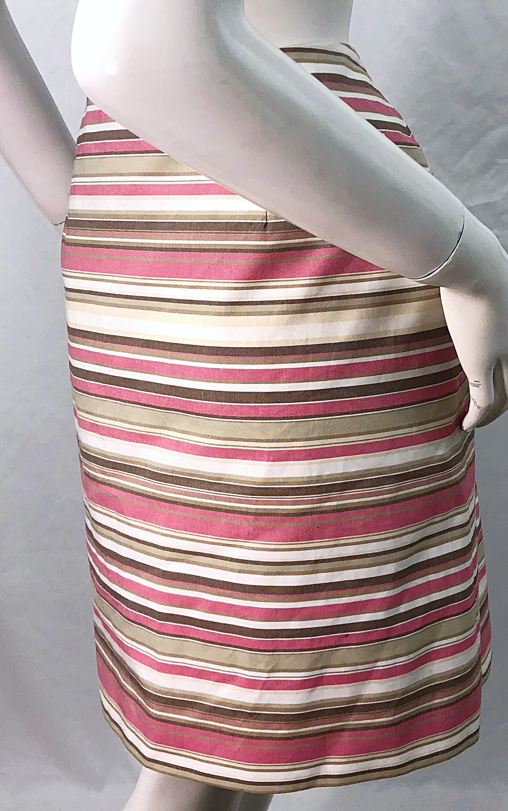 Michael Kors Collection Size 12 Pink + Brown + Tan 2000s Cotton Striped Skirt For Sale 3