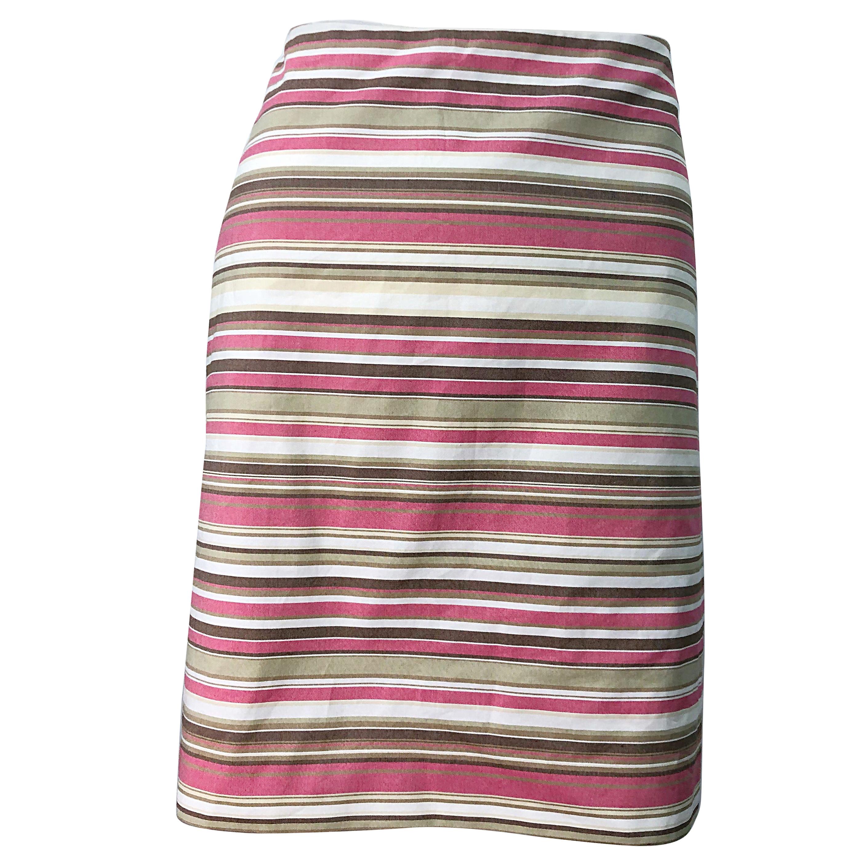 Michael Kors Collection Size 12 Pink + Brown + Tan 2000s Cotton Striped Skirt For Sale