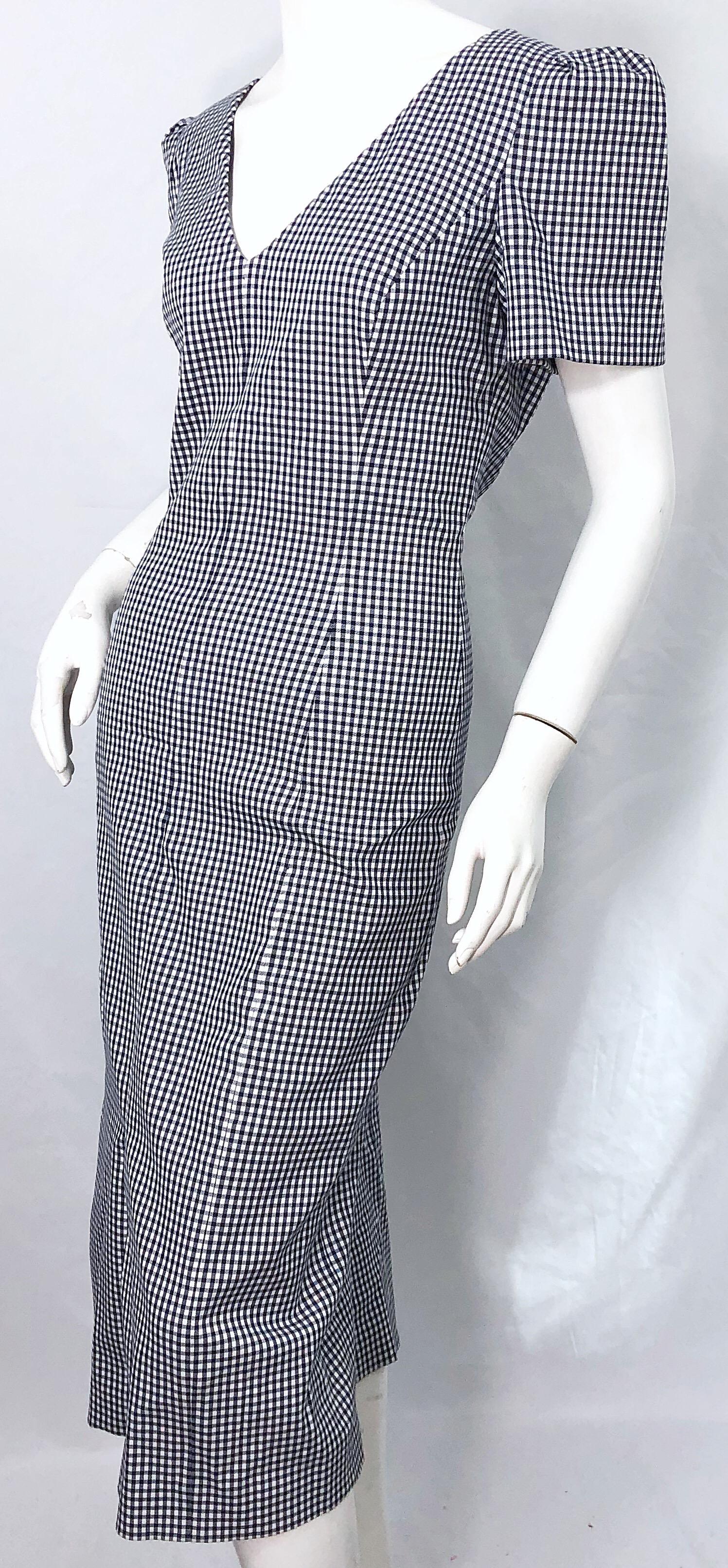 Michael Kors Collection Size 6 / 8 Navy Blue and White Gingham Puff Sleeve Dress For Sale 2