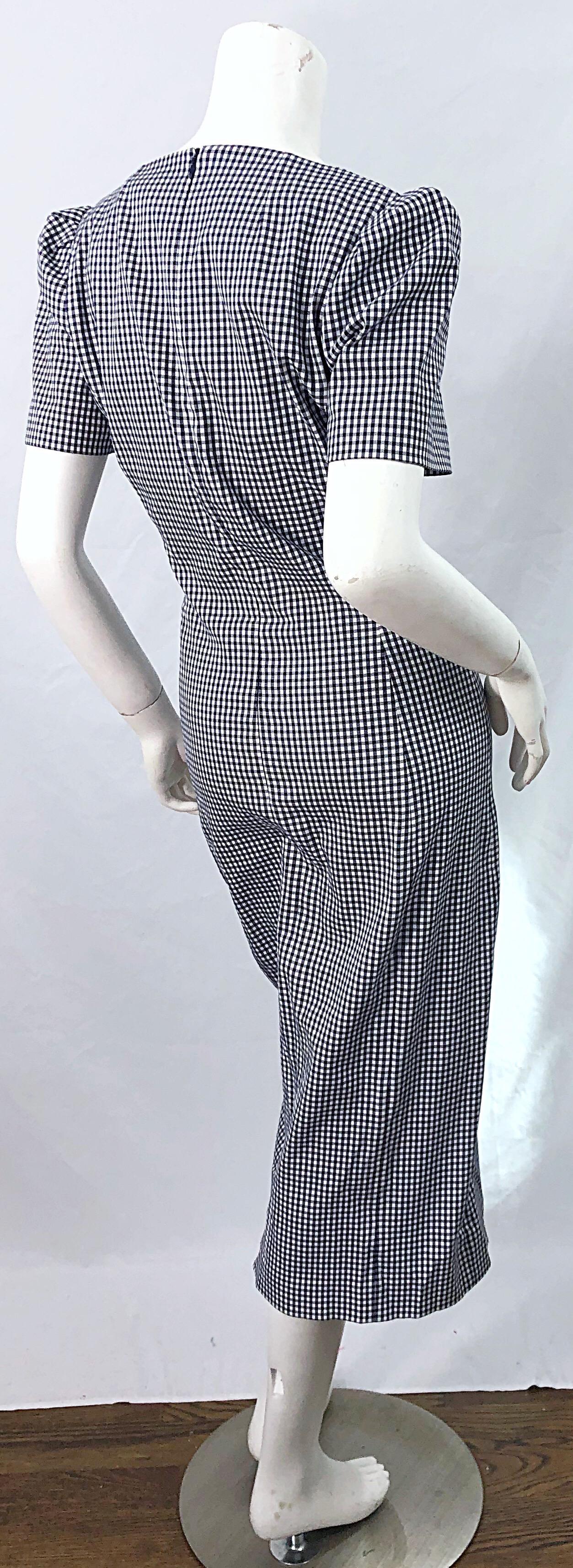 Michael Kors Collection Size 6 / 8 Navy Blue and White Gingham Puff Sleeve Dress For Sale 3