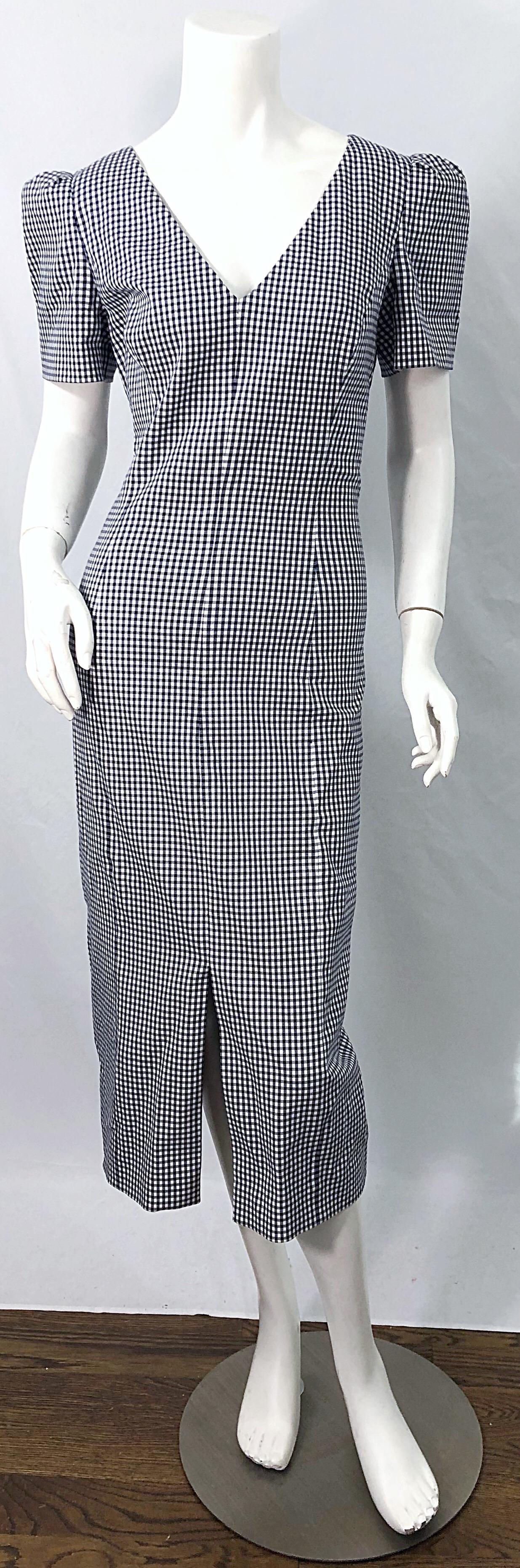 Michael Kors Collection Size 6 / 8 Navy Blue and White Gingham Puff Sleeve Dress For Sale 4