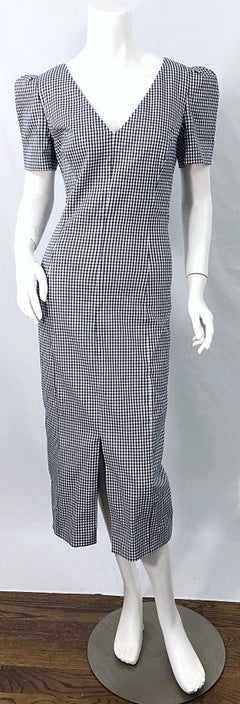 Michael Kors Collection Size 6 / 8 Navy Blue and White Gingham Puff Sleeve Dress