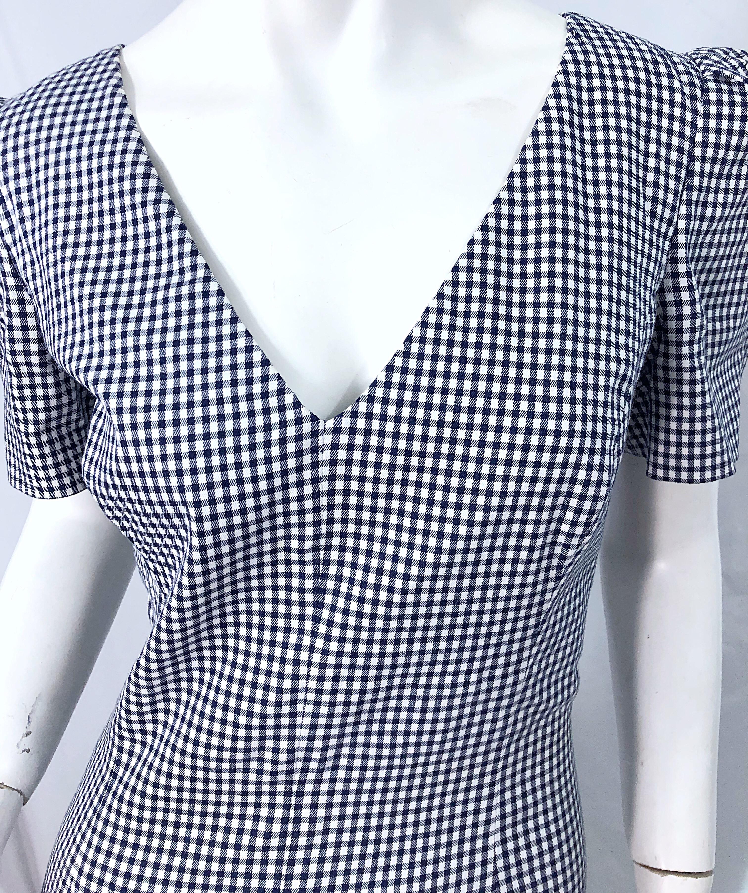 Michael Kors Collection Talla 6 / 8 Vestido de manga abullonada de guinga azul marino y blanco en Excelente estado para la venta en San Diego, CA