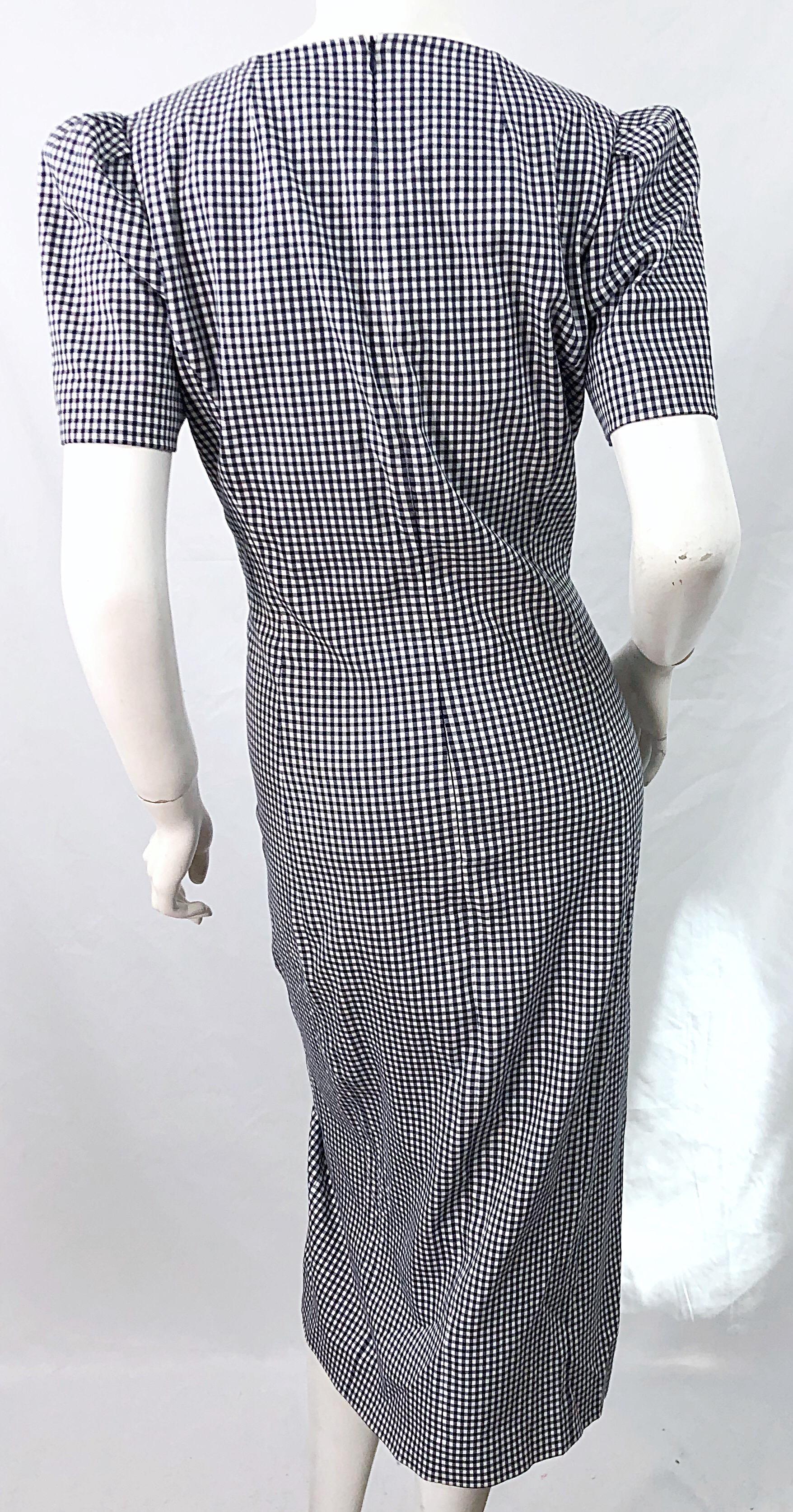 Michael Kors Collection Size 6 / 8 Navy Blue and White Gingham Puff Sleeve Dress For Sale 1