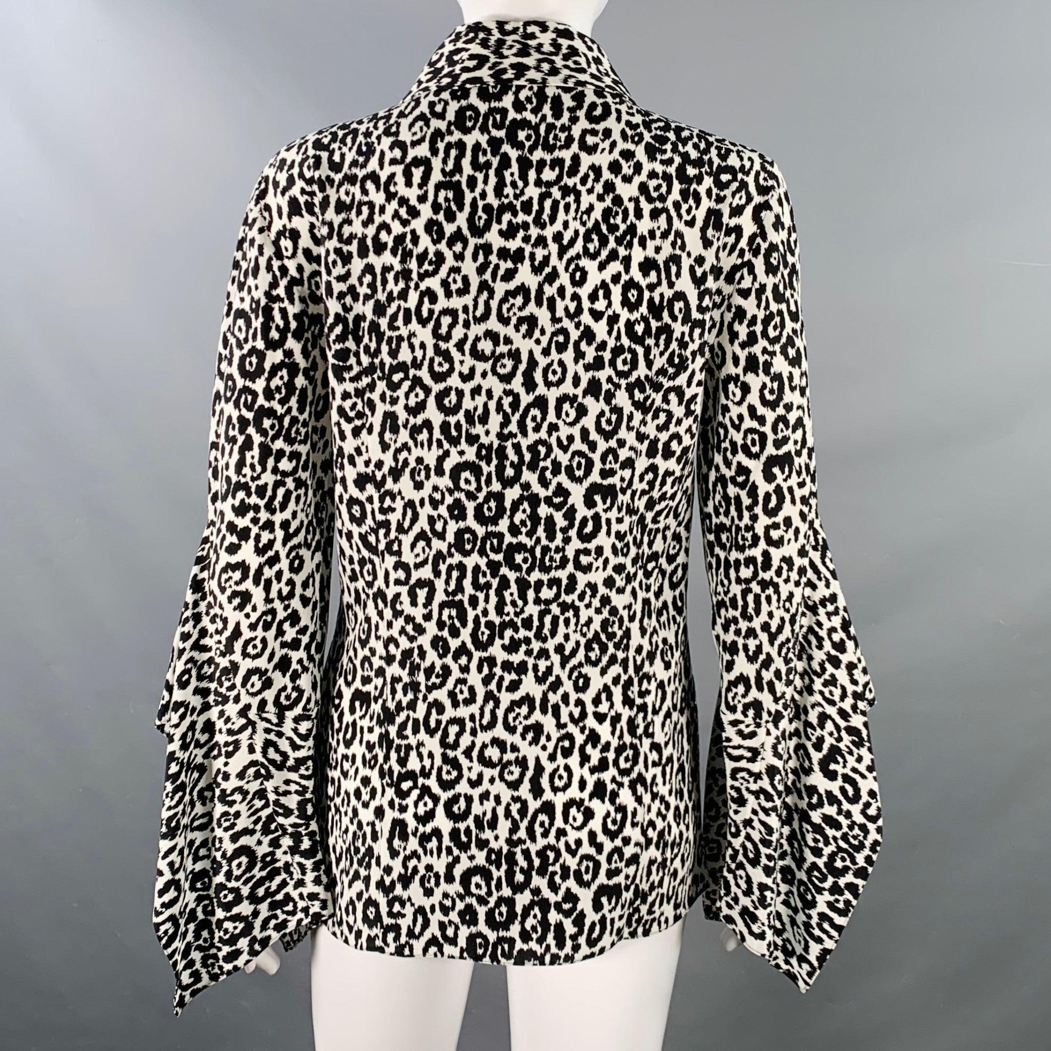 Donna Michael Kors COLLECTION Taglia 6 Camicetta a maniche lunghe in seta bianca e nera con stampa di animali e farfalle in vendita