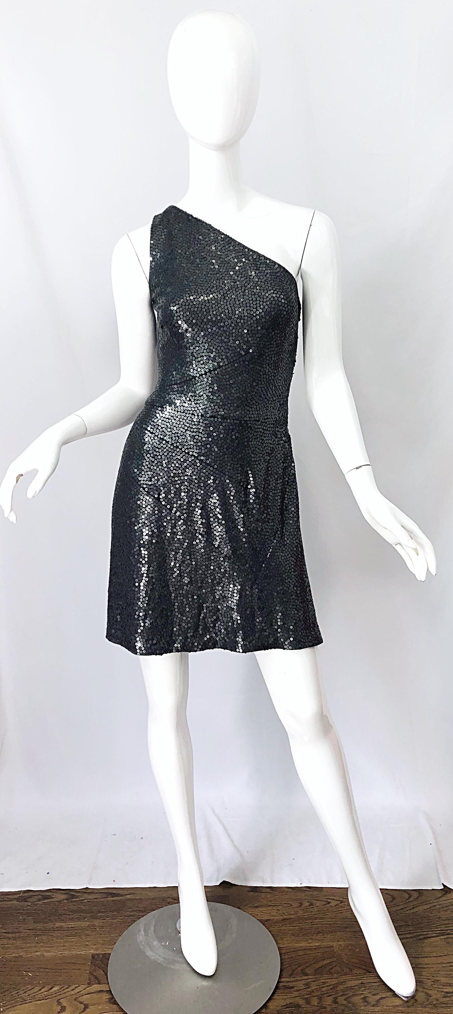 Chic mid 2000s $2,798 MICHAEL KORS COLLECTION gray fully sequined one shoulder mini dress ! Features thousands of hand-sewn grey sequins throughout on a stretch double face jersey. Hidden zipper up the side with hook-and-eye closure. Very flattering