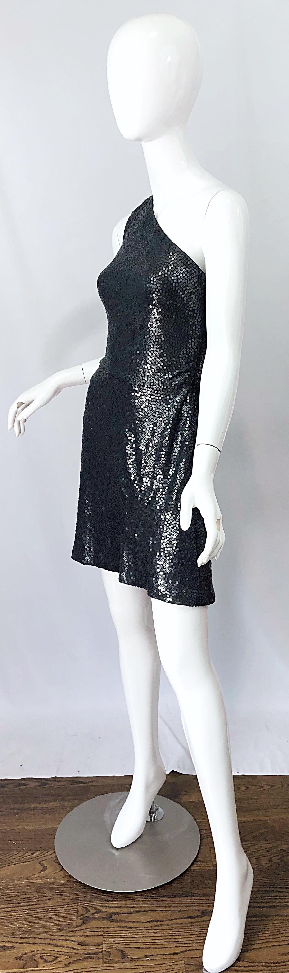 Black Michael Kors Collection $2, 798 Size 6 Gunmetal Grey Sequined One Shoulder Dress For Sale