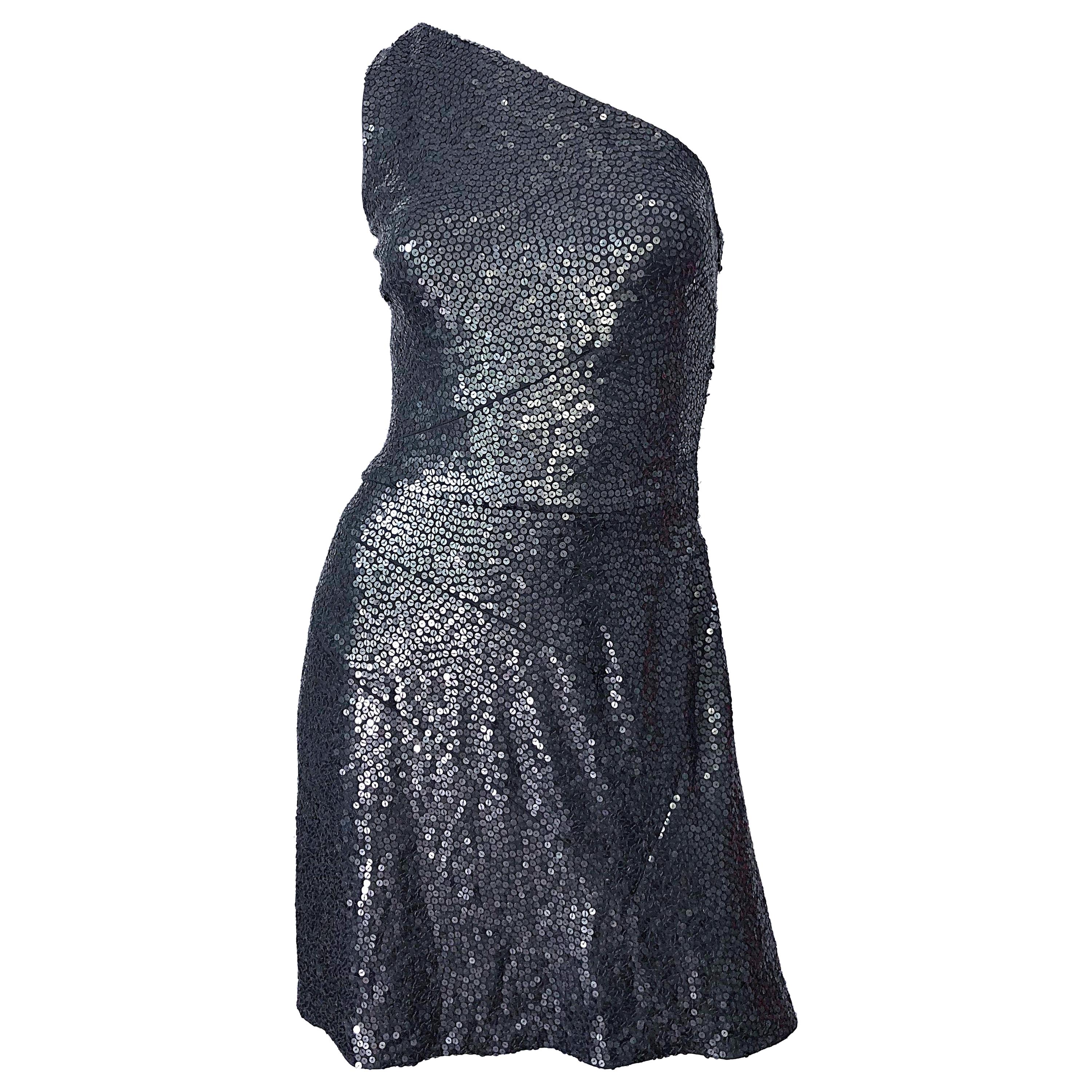 Michael Kors Collection $2, 798 Size 6 Gunmetal Grey Sequined One Shoulder Dress For Sale