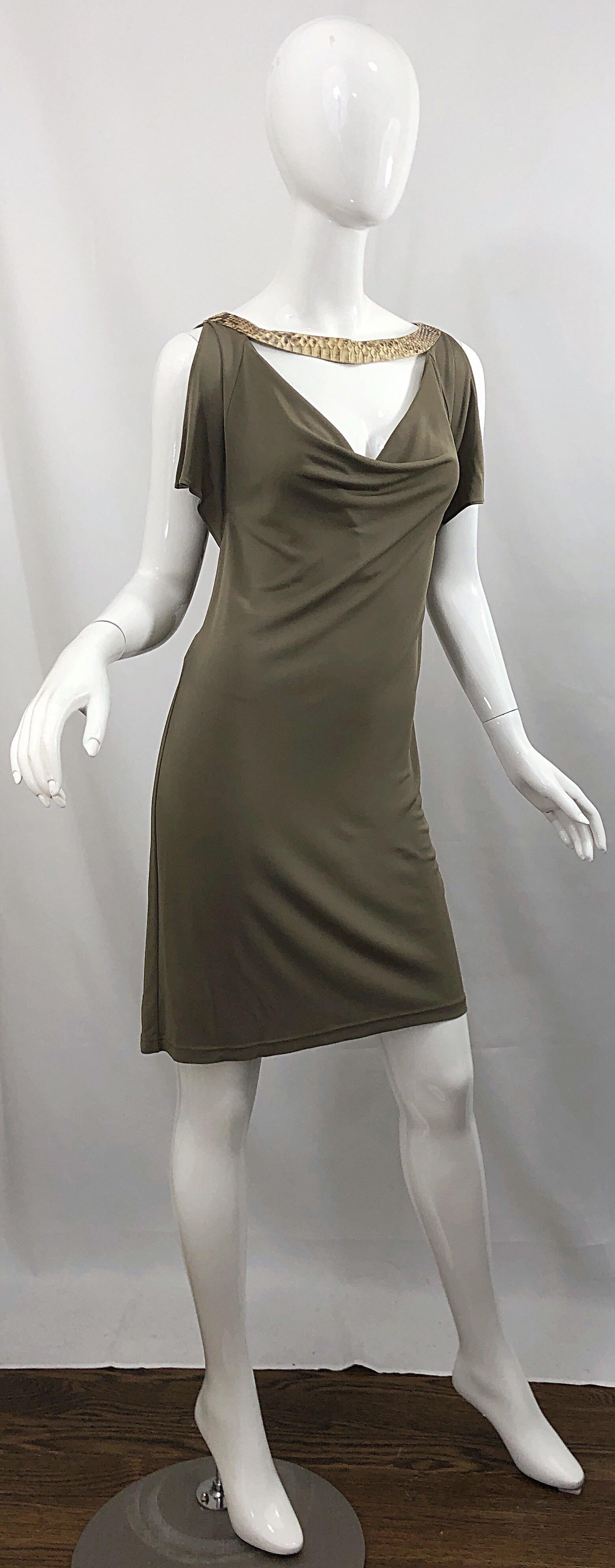 Women's Michael Kors Collection Size 6 Taupe Rayon Jersey + Python Cold Shoulder Dress For Sale