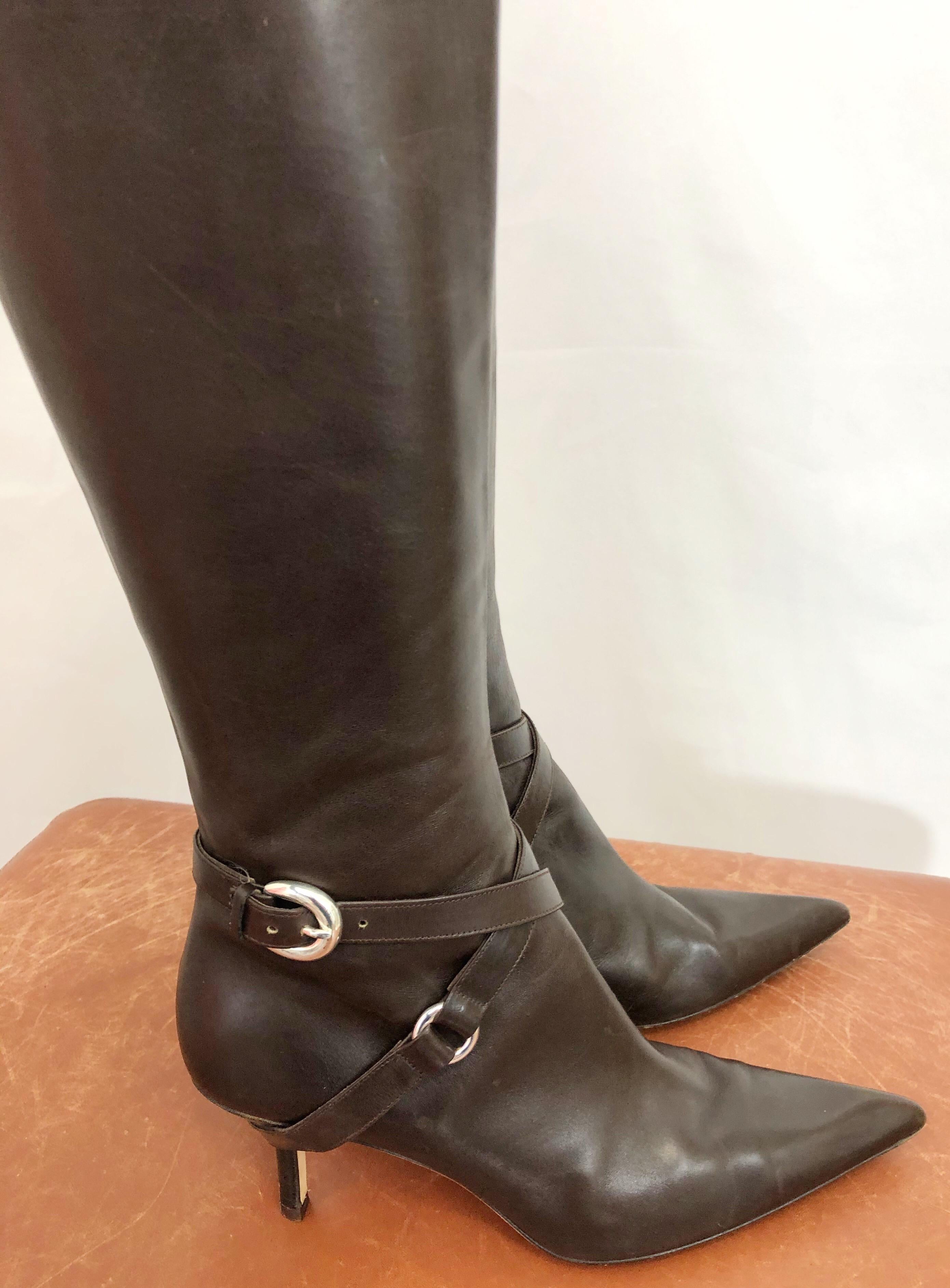 Black Michael Kors Collection Size 8 Chocolate Brown Leather High Heel Knee High Boots For Sale