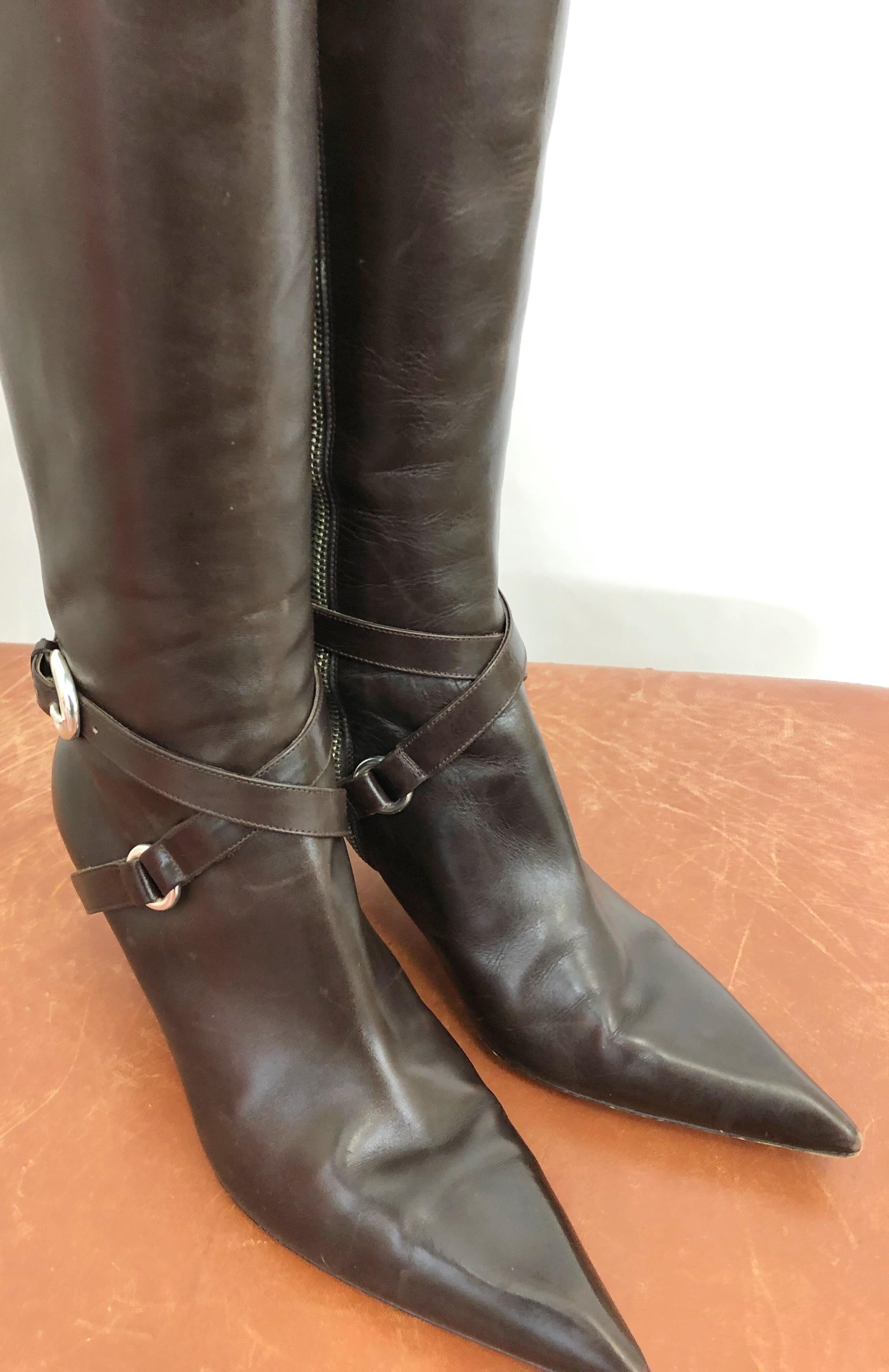 Michael Kors Collection Size 8 Chocolate Brown Leather High Heel Knee High Boots In Excellent Condition For Sale In San Diego, CA