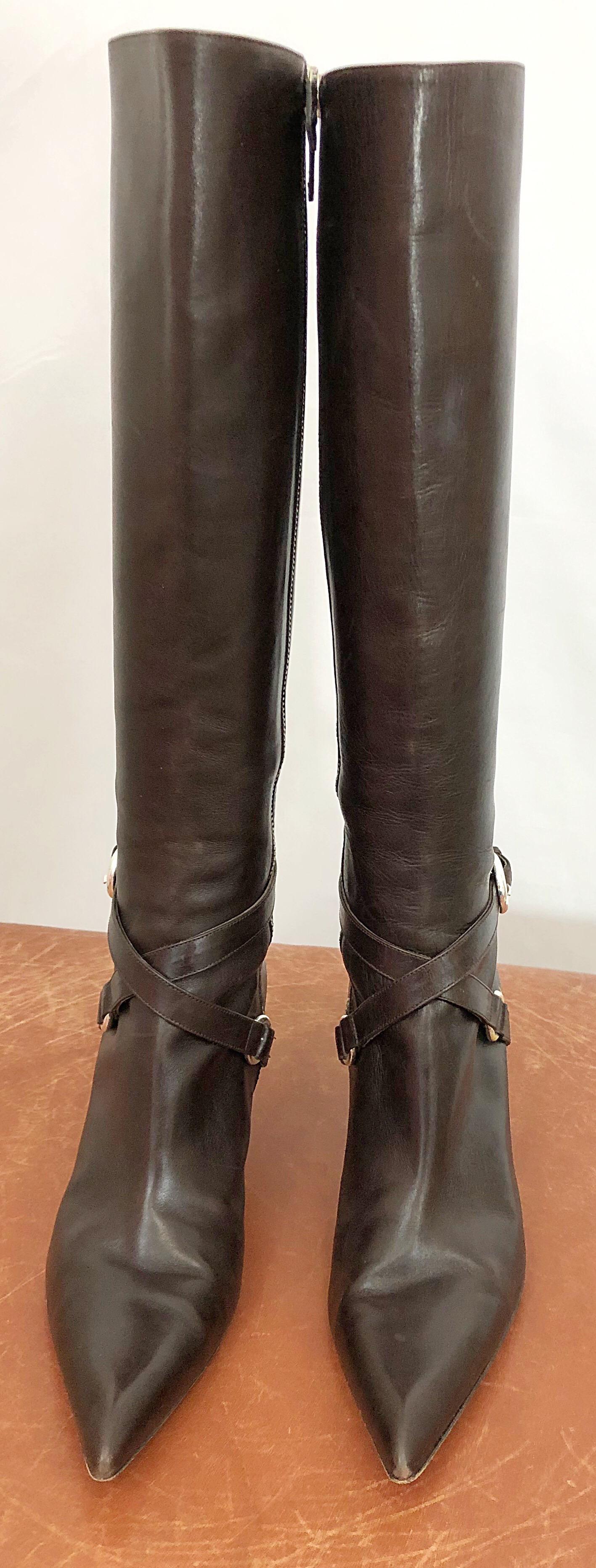 Women's Michael Kors Collection Size 8 Chocolate Brown Leather High Heel Knee High Boots For Sale