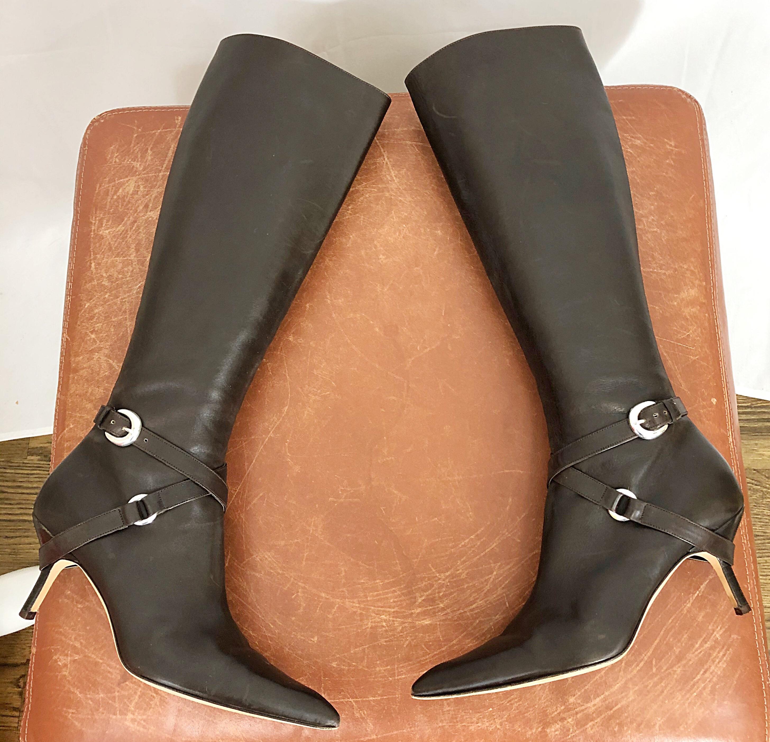 Michael Kors Collection Size 8 Chocolate Brown Leather High Heel Knee High Boots For Sale 1