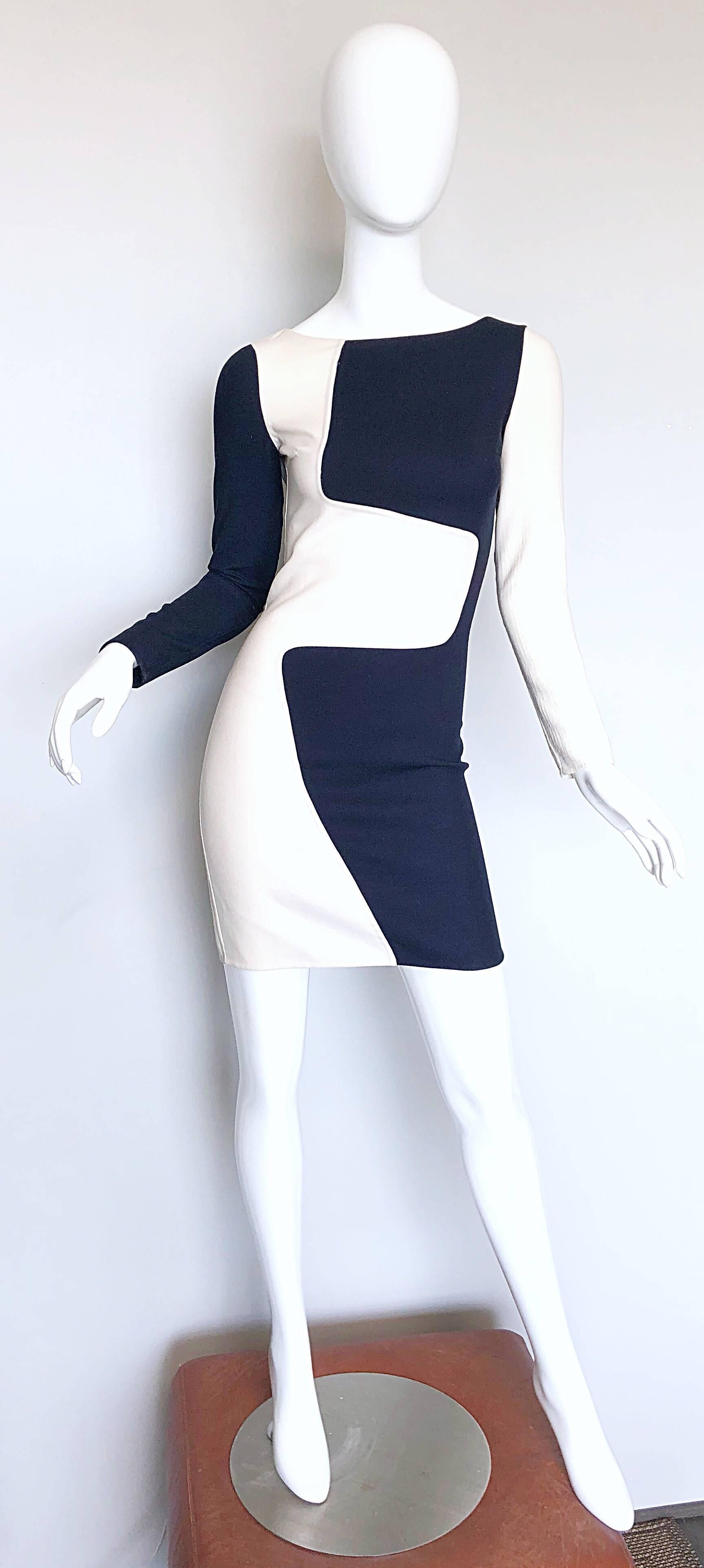Flattering MICHAEL KORS COLLECTION Spring / Summer 2013 navy blue and white color block ' puzzle ' 1960s / 60s style runway dress! Signature double faced virgin wool stretches to fit. Any MK fan knows that the designer really knows how to accentuate