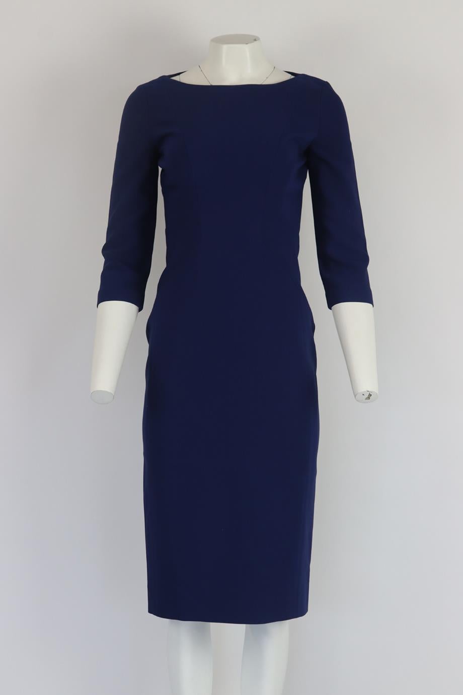 Michael Kors Collection stretch wool crepe midi dress. Blue. 3/4 sleeve, crewneck. Zip fastening at back. 90% Lane Wool, 8% polyamide, 2% spandex; lining: 48% polyamide, 40% silk, 12% spandex. Size: US 4 (UK 8, FR 36, IT 40). Bust: 33 in. Waist: