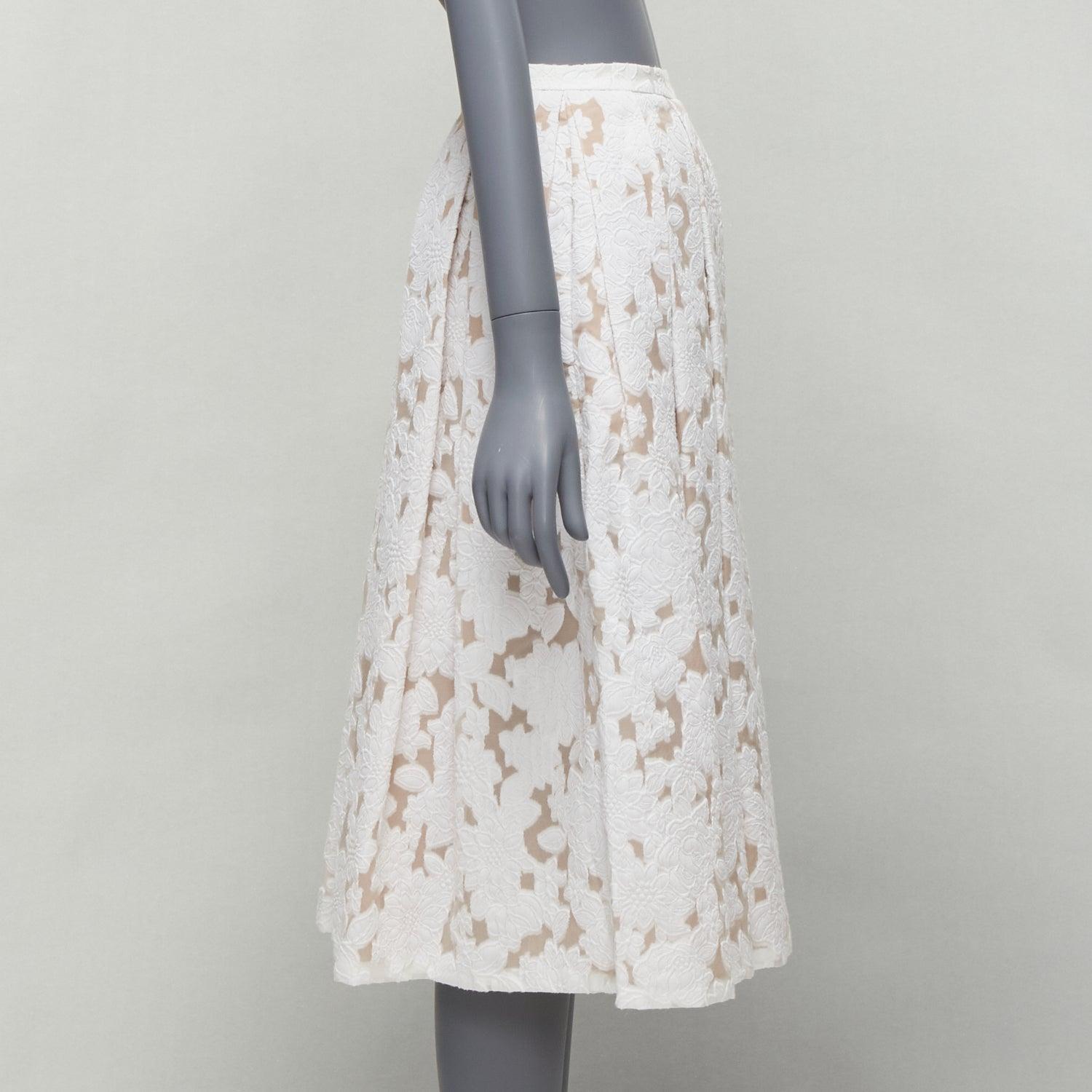 MICHAEL KORS COLLECTION white beige cotton silk floral jacquard skirt US0 XS In Good Condition For Sale In Hong Kong, NT