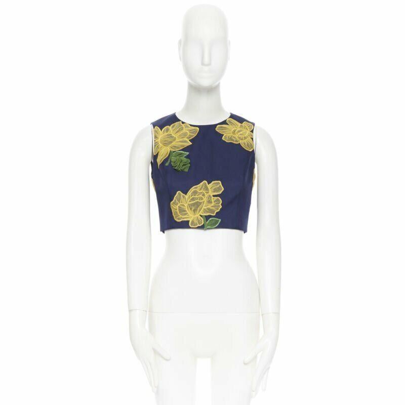 Noir MICHAEL KORS COLLECTION - Top cropped sans manches en laine, soie, jaune marine et fleurs US2 en vente
