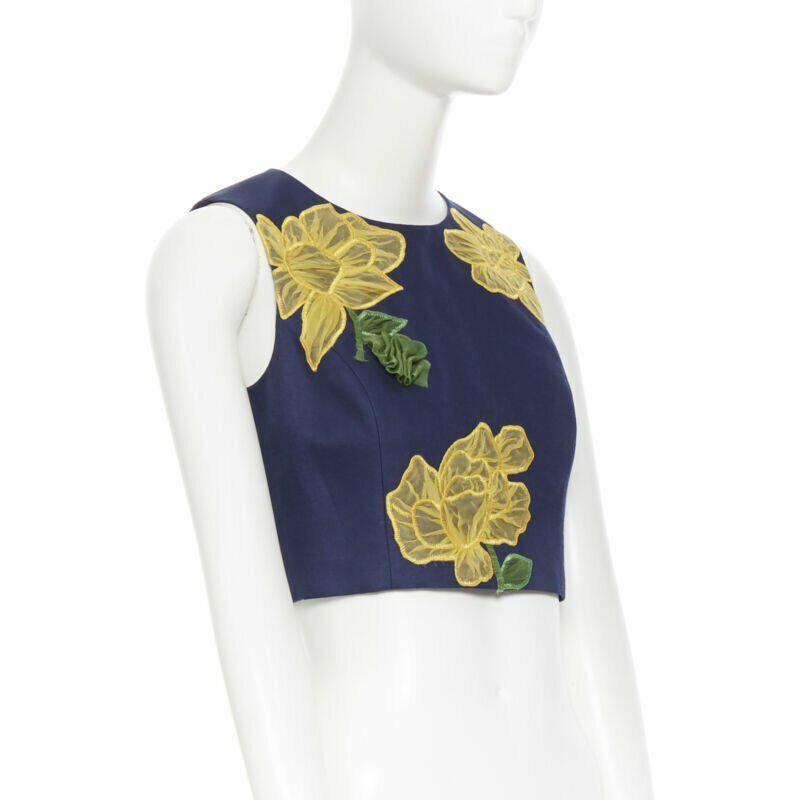 MICHAEL KORS COLLECTION - Top cropped sans manches en laine, soie, jaune marine et fleurs US2 Bon état - En vente à Hong Kong, NT