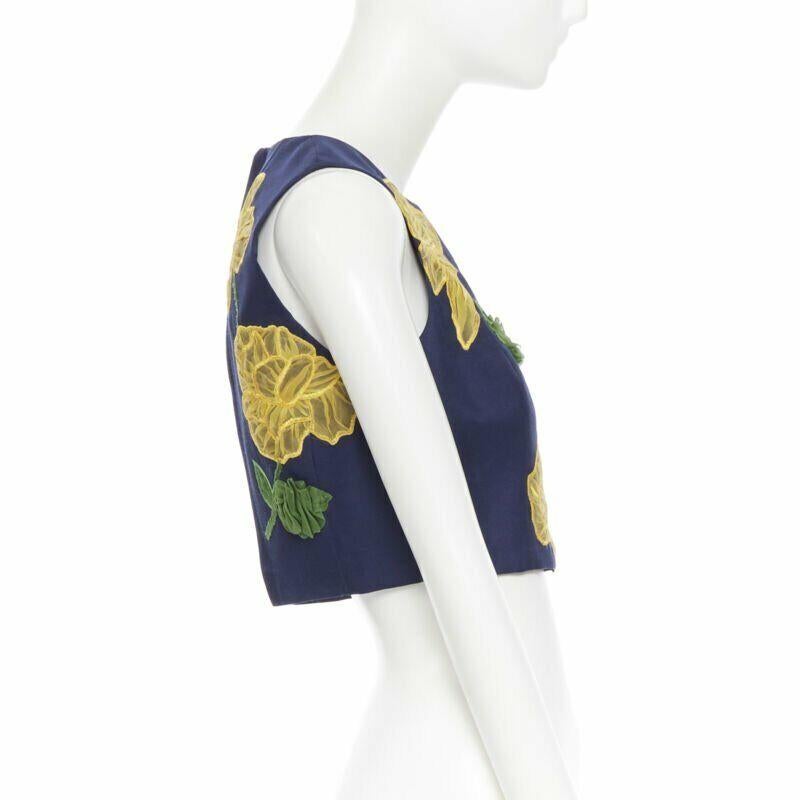 MICHAEL KORS COLLECTION - Top cropped sans manches en laine, soie, jaune marine et fleurs US2 Pour femmes en vente
