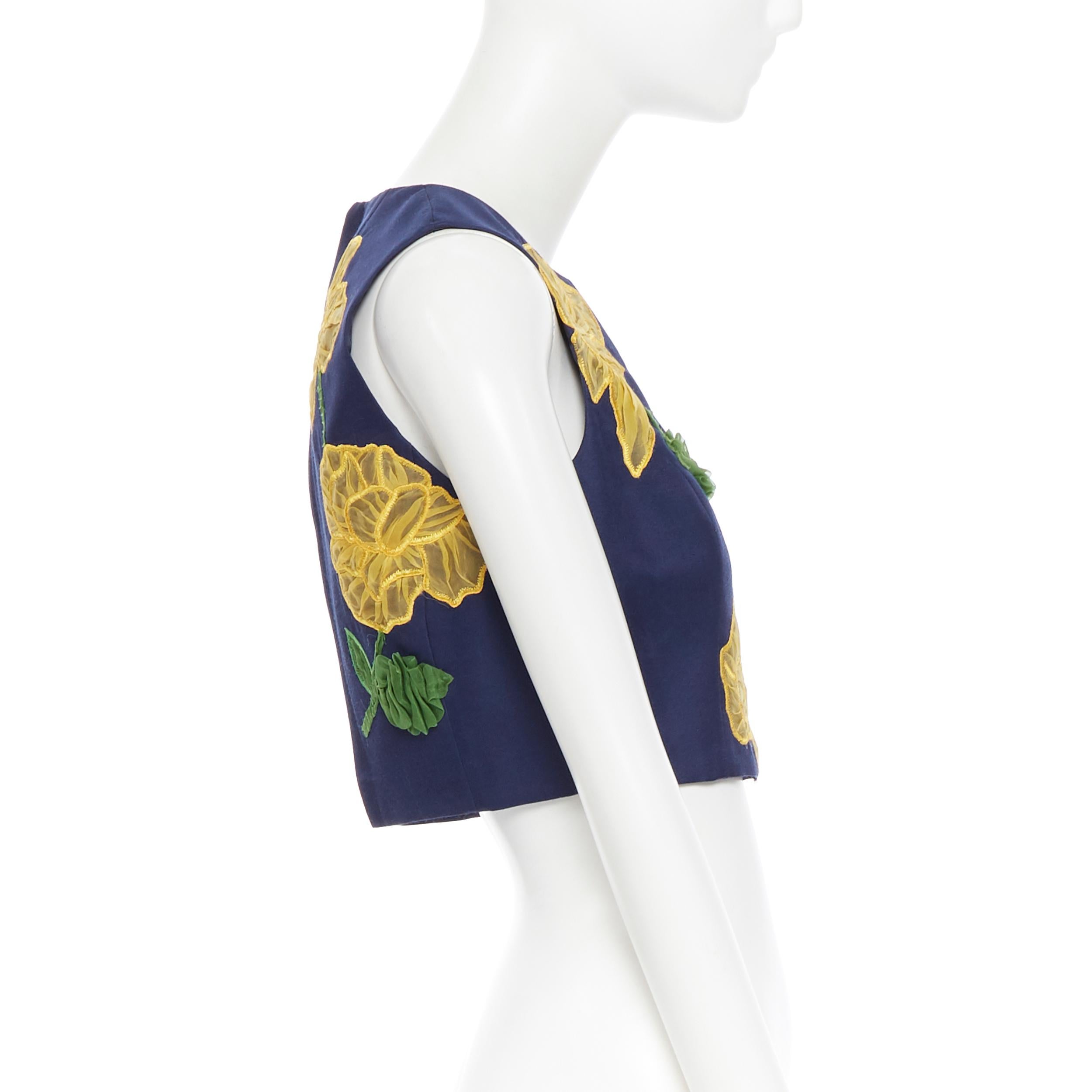 MICHAEL KORS COLLECTION wool silk navy yellow floral sleeveless cropped top US2 In Good Condition For Sale In Hong Kong, NT