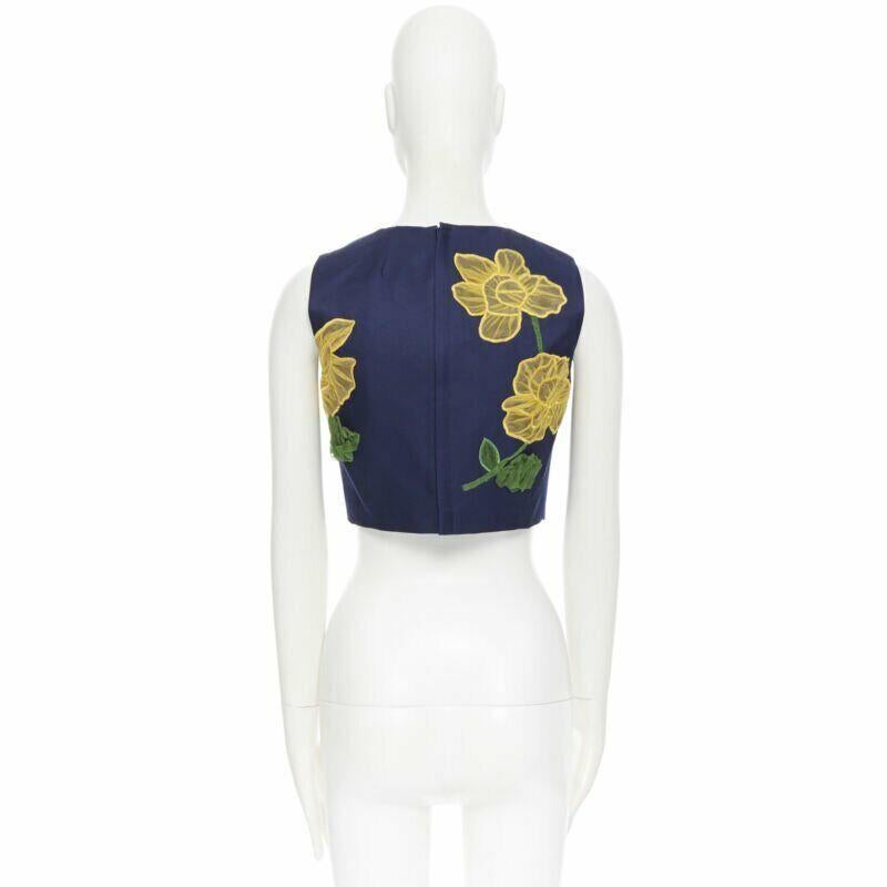 MICHAEL KORS COLLECTION - Top cropped sans manches en laine, soie, jaune marine et fleurs US2 en vente 1