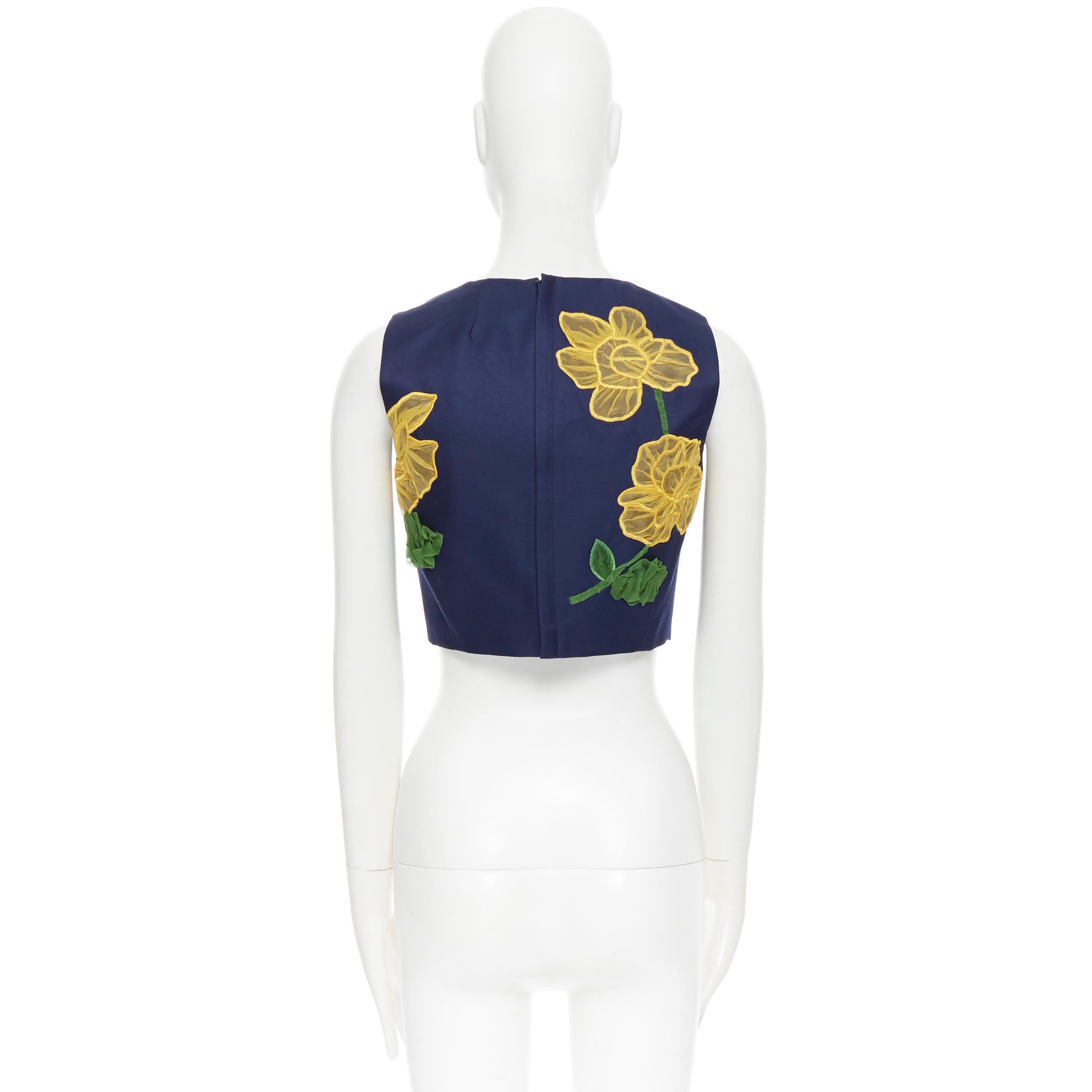 Women's MICHAEL KORS COLLECTION wool silk navy yellow floral sleeveless cropped top US2 For Sale