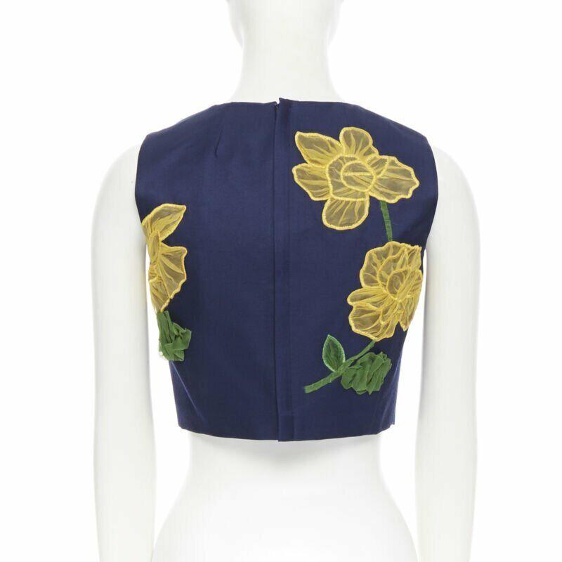 MICHAEL KORS COLLECTION - Top cropped sans manches en laine, soie, jaune marine et fleurs US2 en vente 2