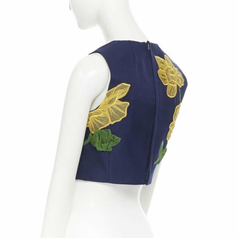 MICHAEL KORS COLLECTION - Top cropped sans manches en laine, soie, jaune marine et fleurs US2 en vente 3