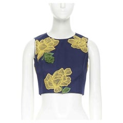 MICHAEL KORS COLLECTION wool silk navy yellow floral sleeveless cropped top US2