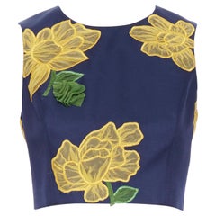 MICHAEL KORS COLLECTION wool silk navy yellow floral sleeveless cropped top US2