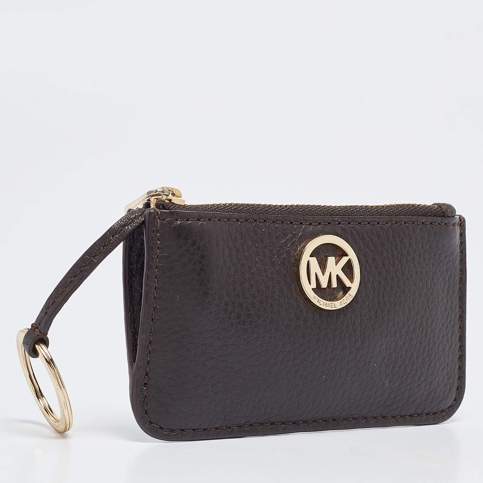 Women's Michael Kors Dark Brown Leather Top Zip Coin Purse For Sale