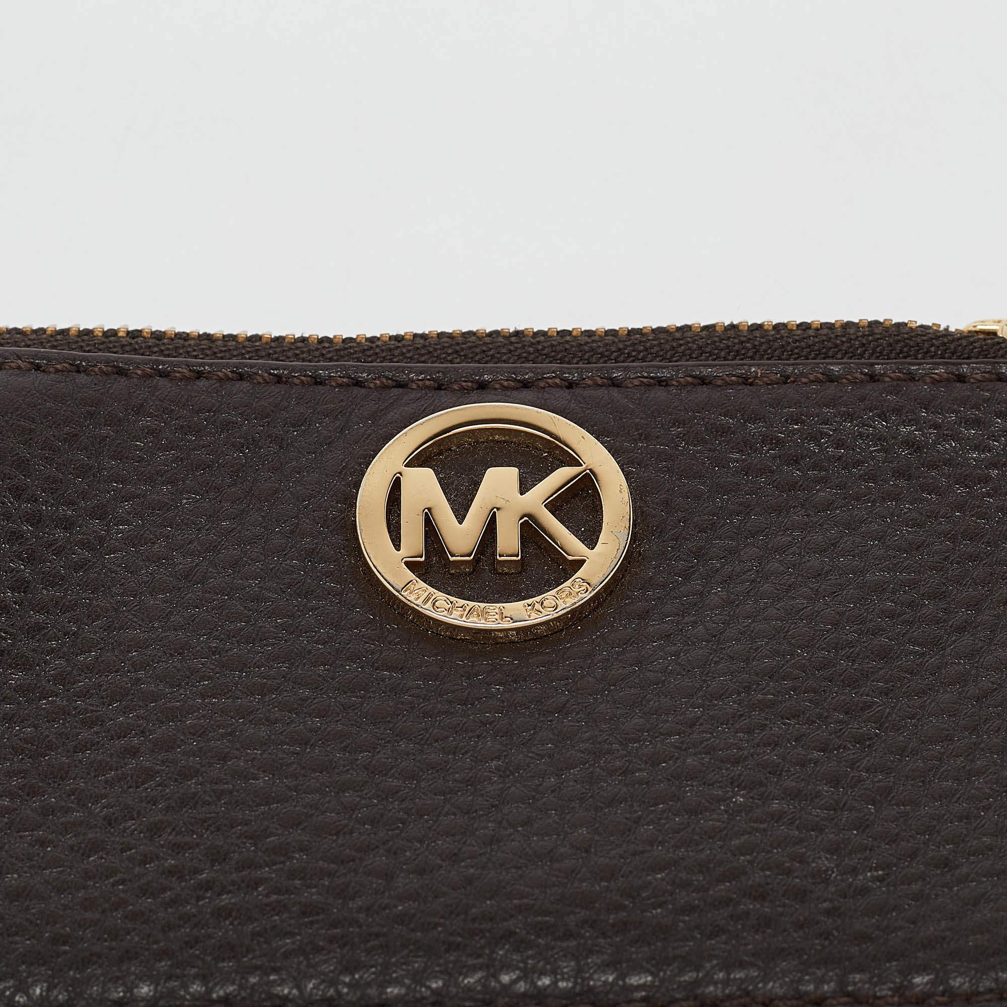 Michael Kors Dark Brown Leather Top Zip Coin Purse For Sale 3