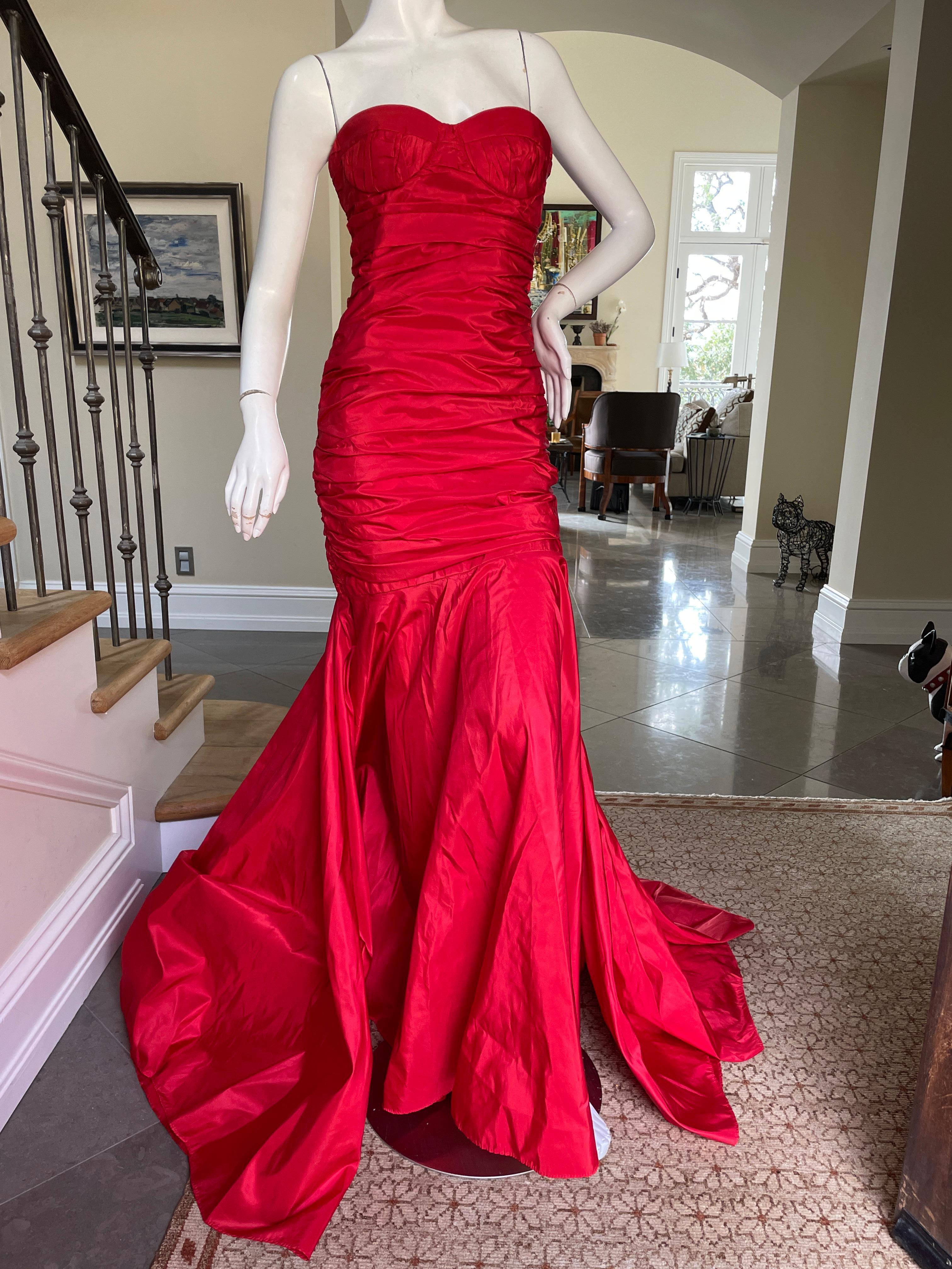 red silk strapless dress
