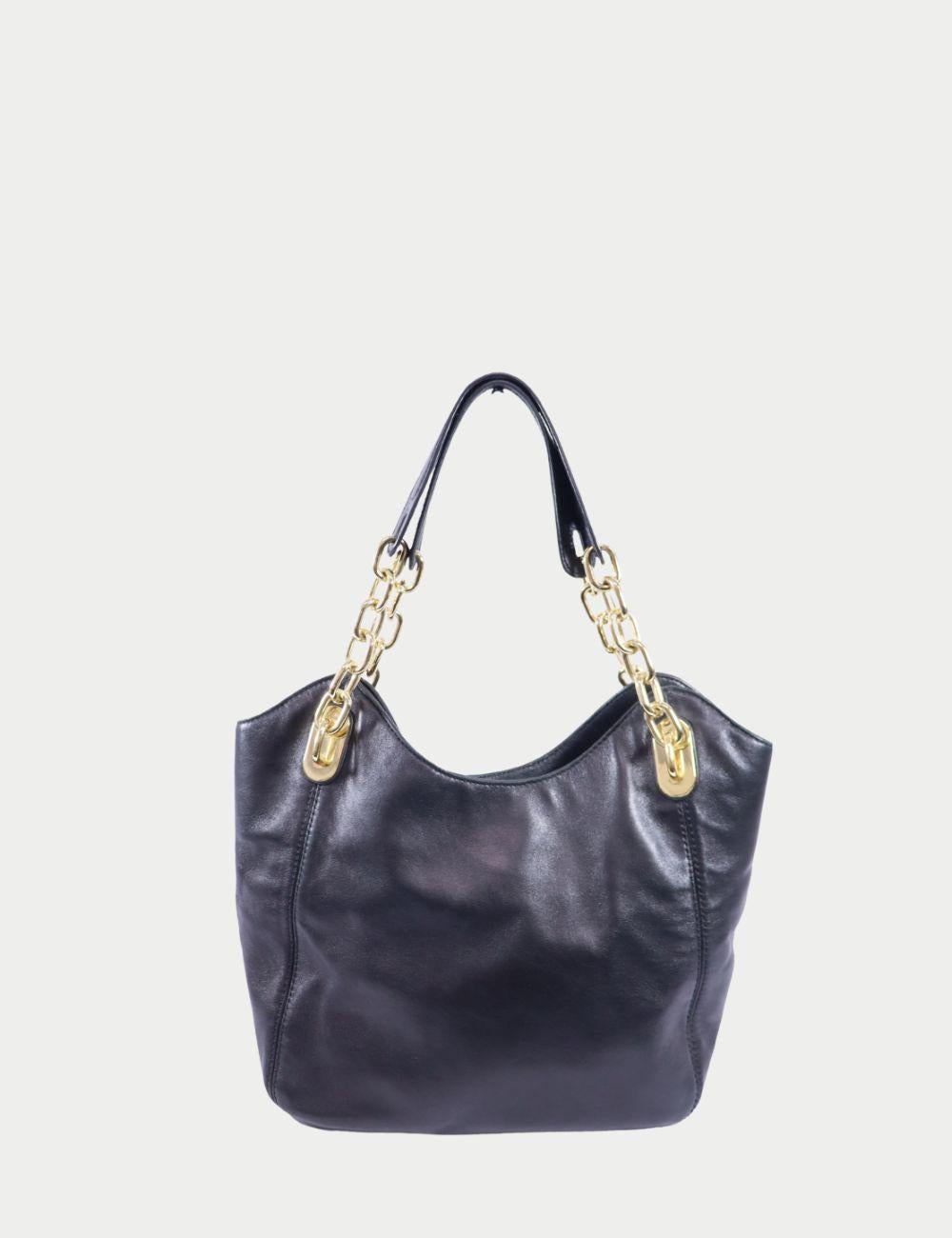 Michael Kors Black Leather Hobo Bag with Gold Chain Straps

Turn everyday into a style statement with this effortlessly chic Michael Kors black leather hobo bag. Designed with a slouchy silhouette and soft, supple leather, this bag balances relaxed