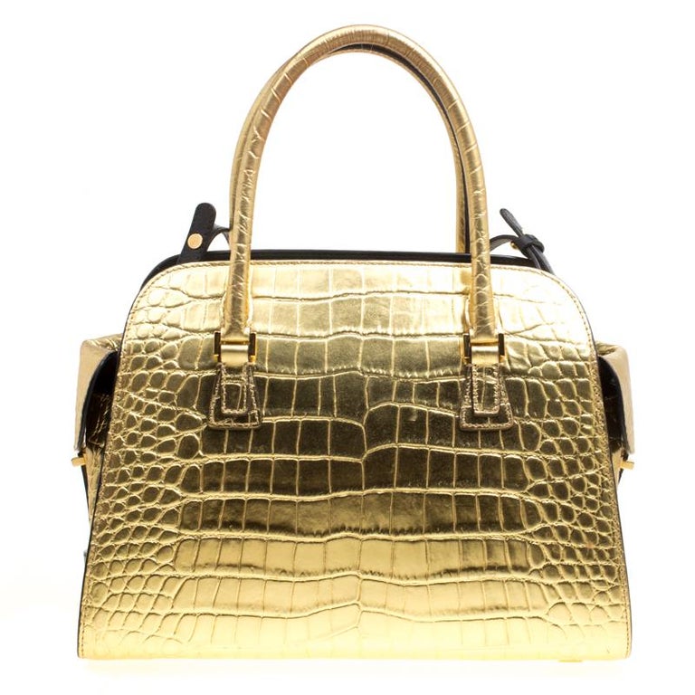 Michael Kors Gold Croc Embossed Leather Gia Top Handle Bag For Sale at
