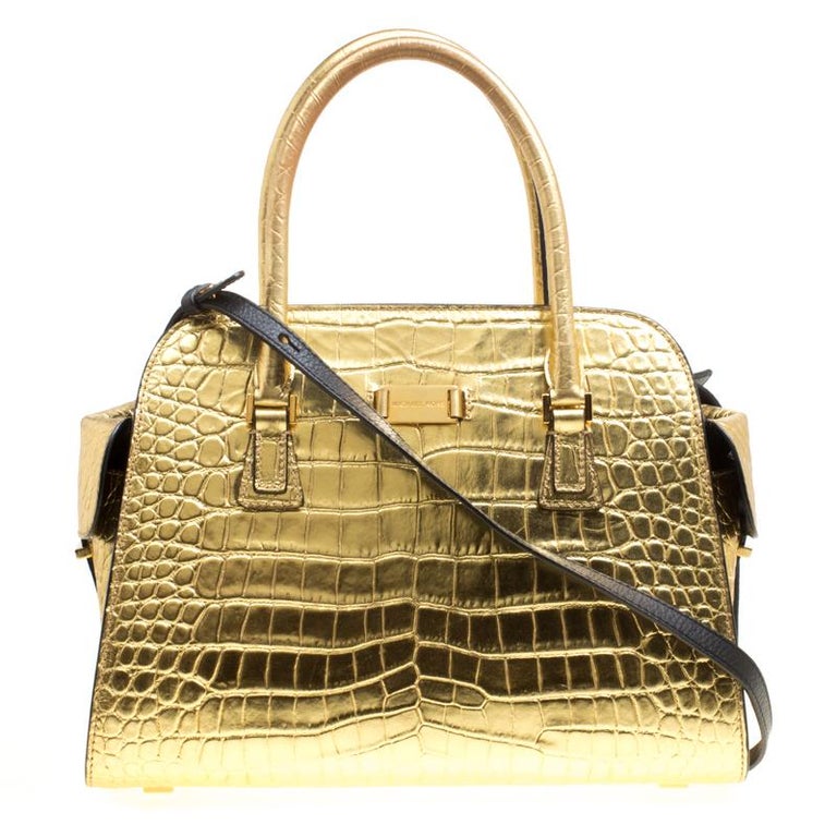 Michael Kors Gold Croc Embossed Leather Gia Top Handle Bag For Sale at 1stdibs