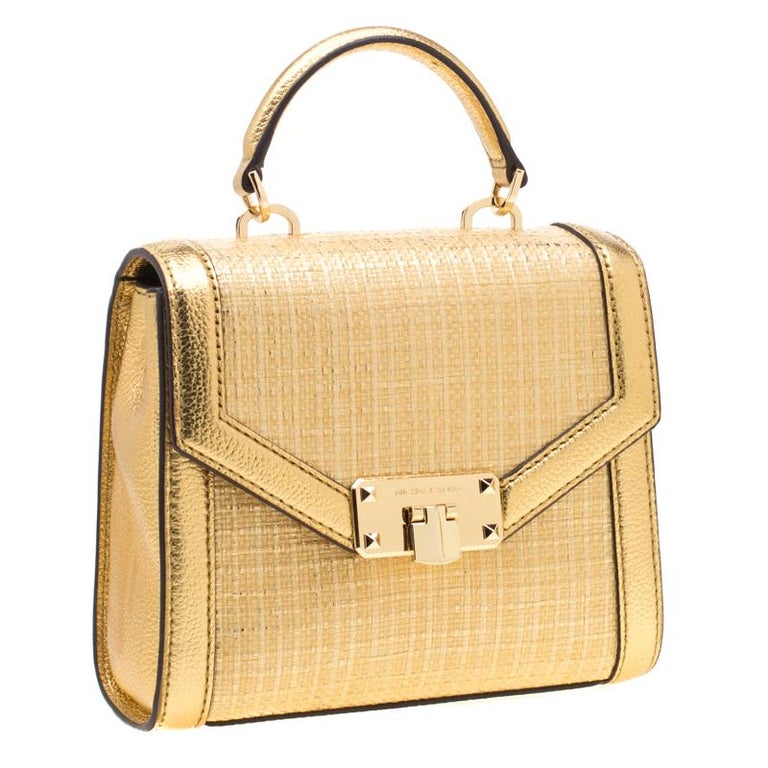 Michael Kors Gold Straw and Leather XS Kinsley Top Handle Crossbody Bag For Sale at 1stdibs